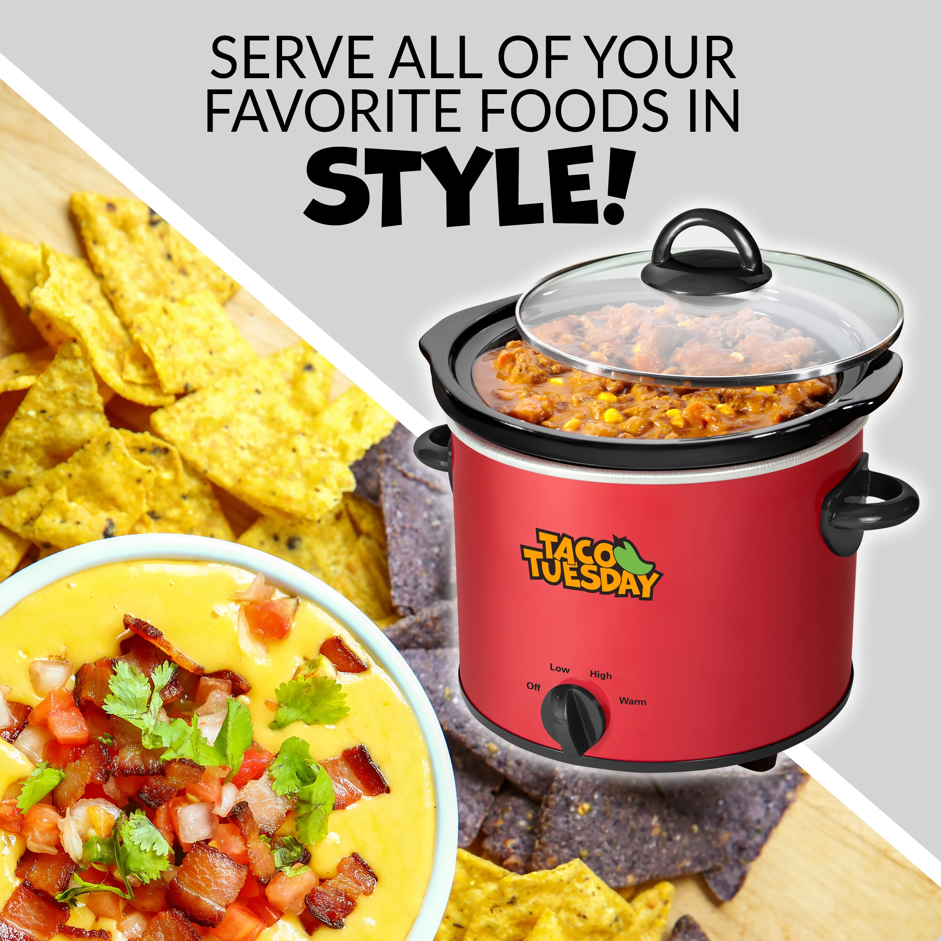 Taco Tuesday TTRDP2RD 2-Quart Fiesta Slow Cooker With Tempered Glass Lid, Cool-Touch Handles, Removable Round Ceramic Pot