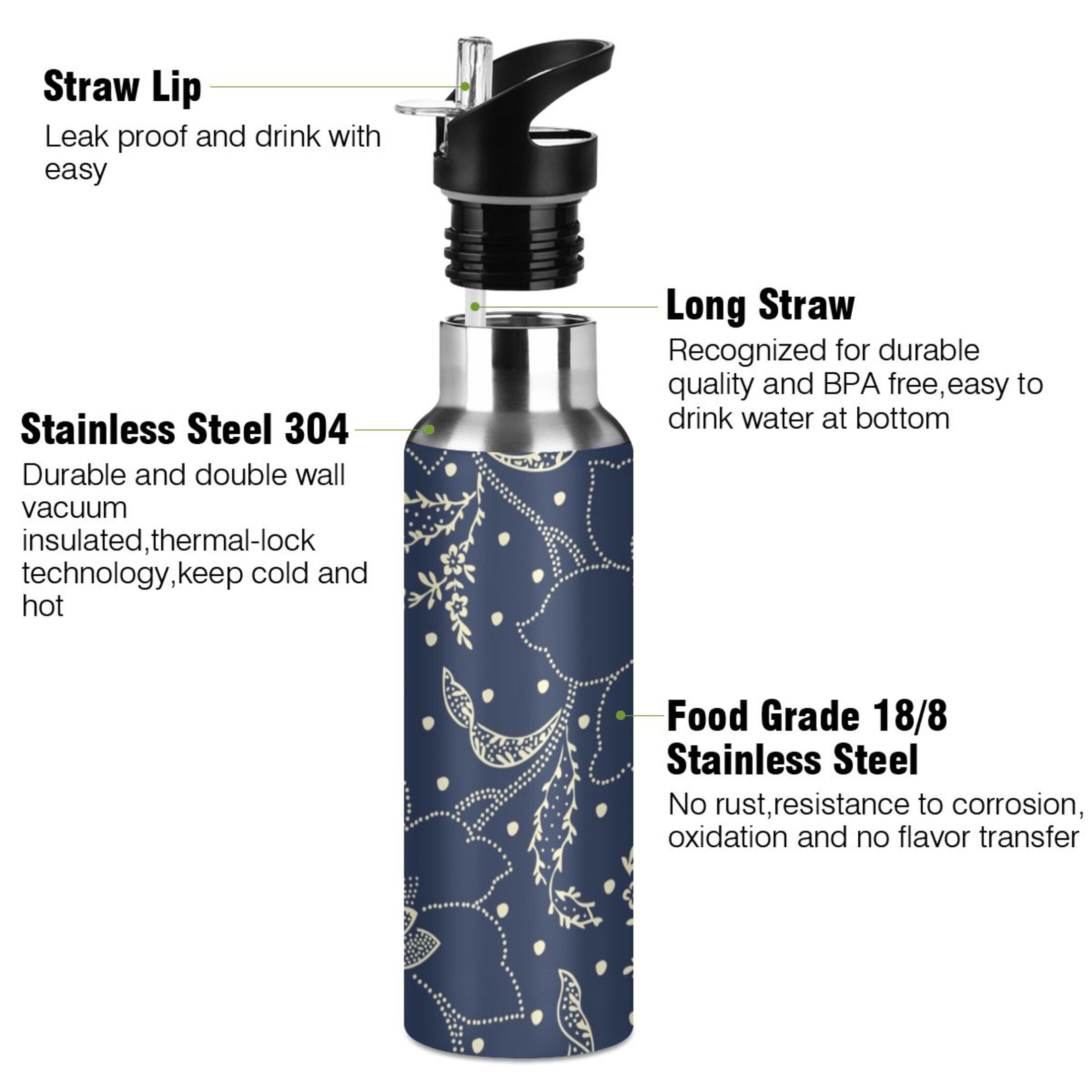 Retro Bohomia Floral Water Bottles Insulated Thermos Kids Stainless Steel Bottle with Straw Lid Flask Leakproof for Sports Gym 20 oz