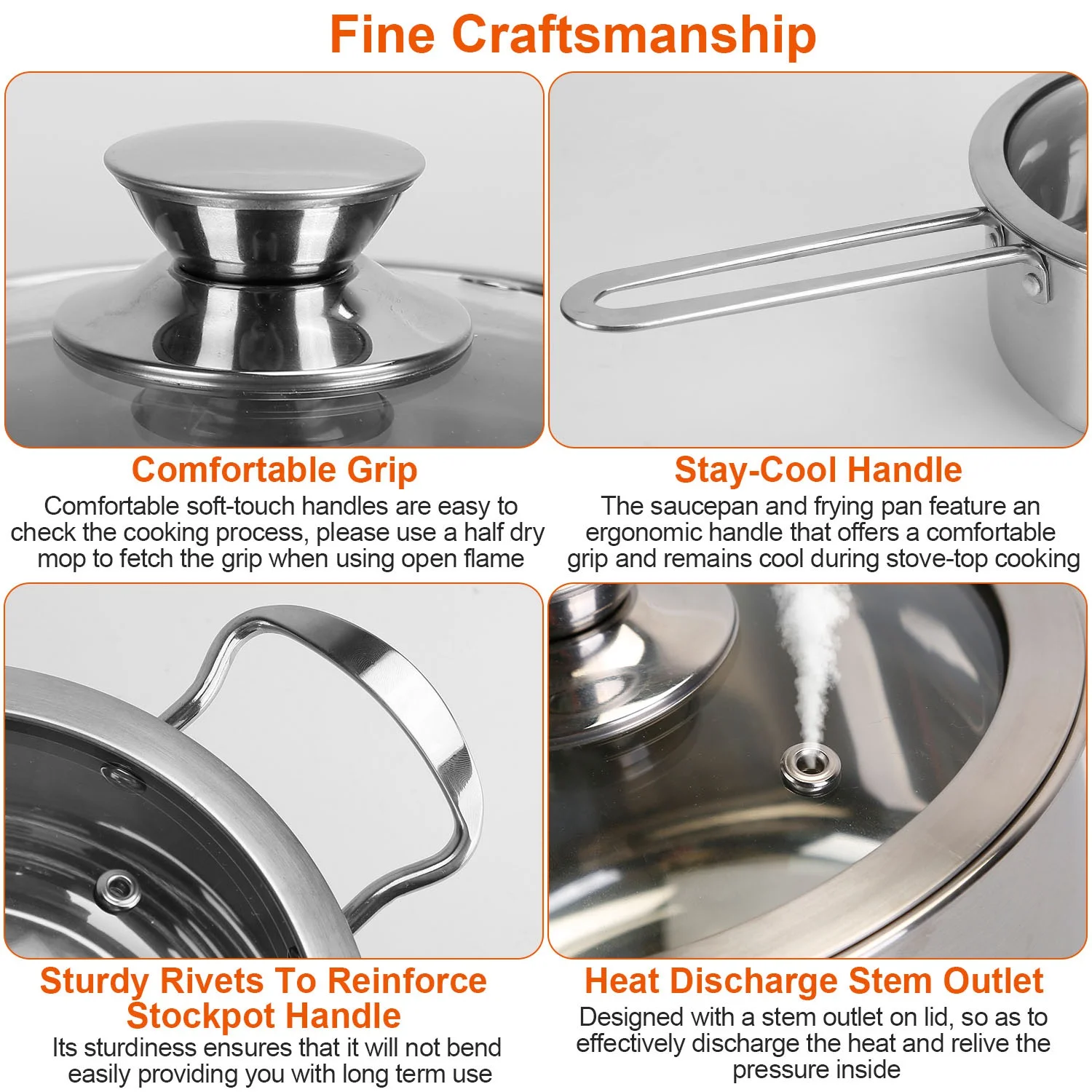 iMounTEK Pots and Pans Set, 7-Piece, 18/8 Stainless Steel Cookware Set, Includes Saucepan, Skillet, Stockpots, Cooking Set with Glass Lids