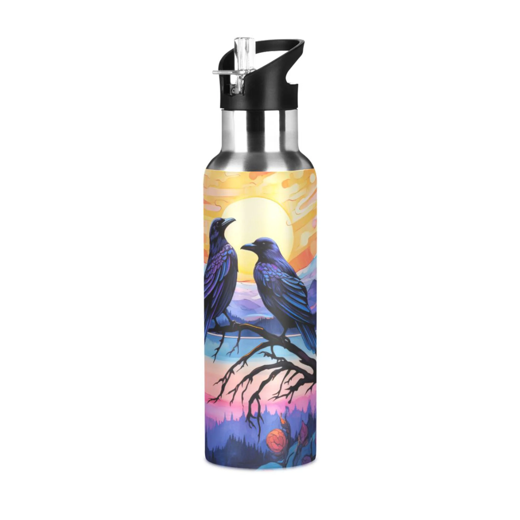 Birds on Tree Water Bottles Insulated Thermos Kids Stainless Steel Bottle with Straw Lid Flask Leakproof for Sports Gym 20 oz
