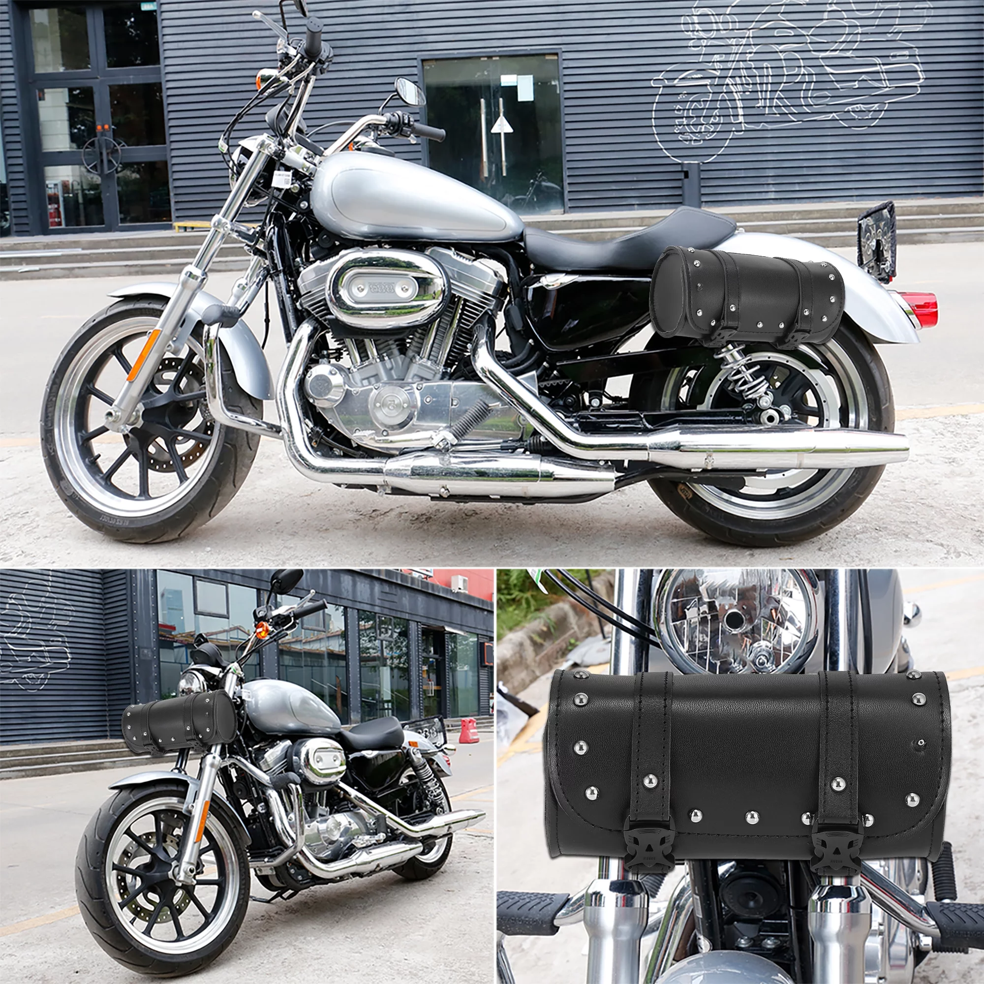 Unique Bargains Universal Motorbike Fork Handlebar Tool Bag Cycling Storage Pouch Bag Waterproof Faux Leather Black