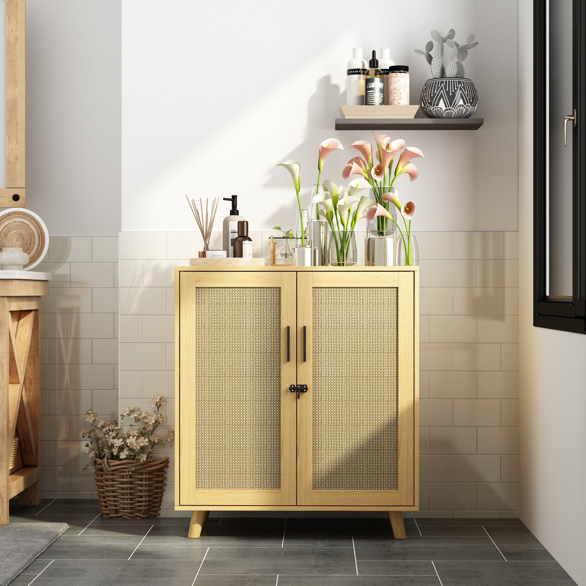 Cat Litter Box Enclosure 2-Door Storage Cabinet Bathroom Cabinet Oak