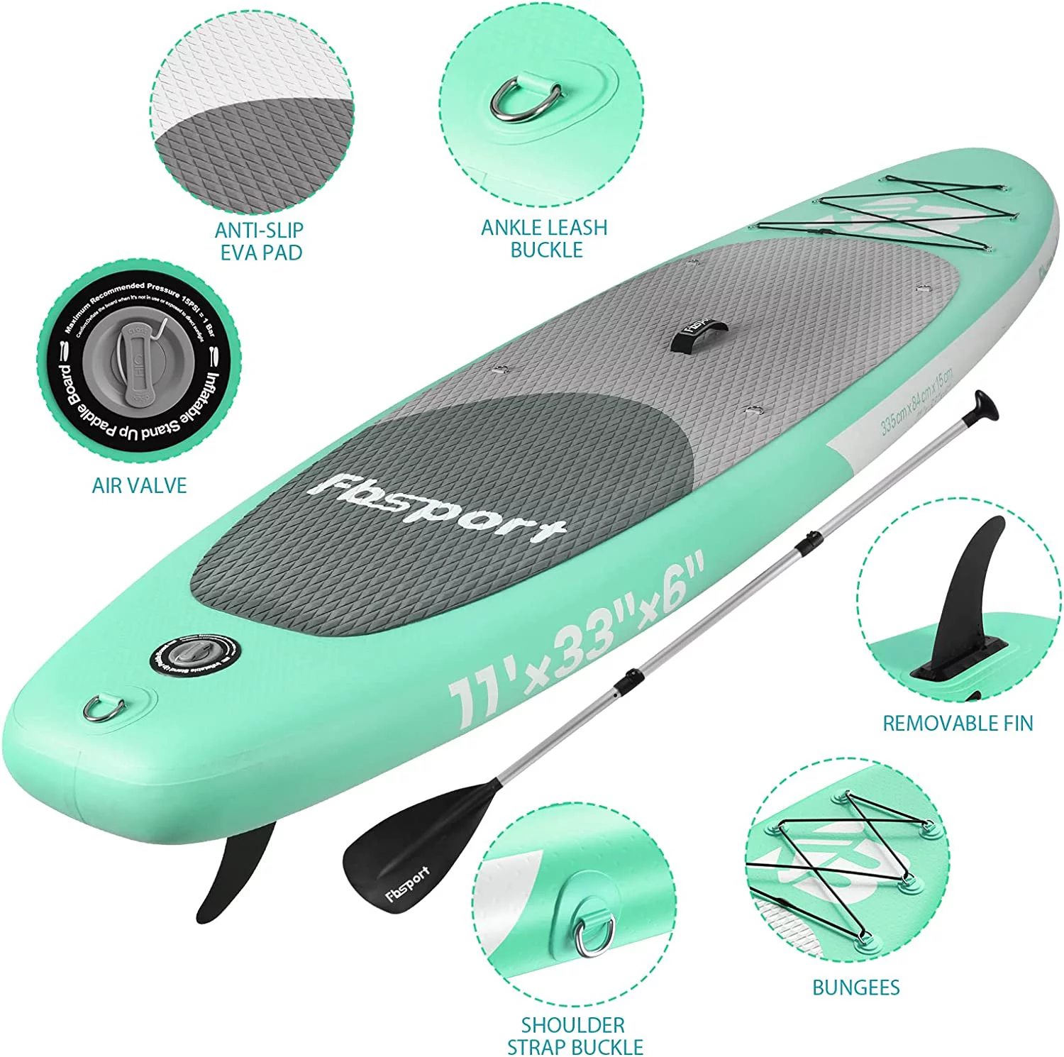 Summer Savings Fbsport 11ft Inflatable Paddle Board SUP, 6'' Thick W/Paddling Fins Electric Pump & Accessories Pack, Green