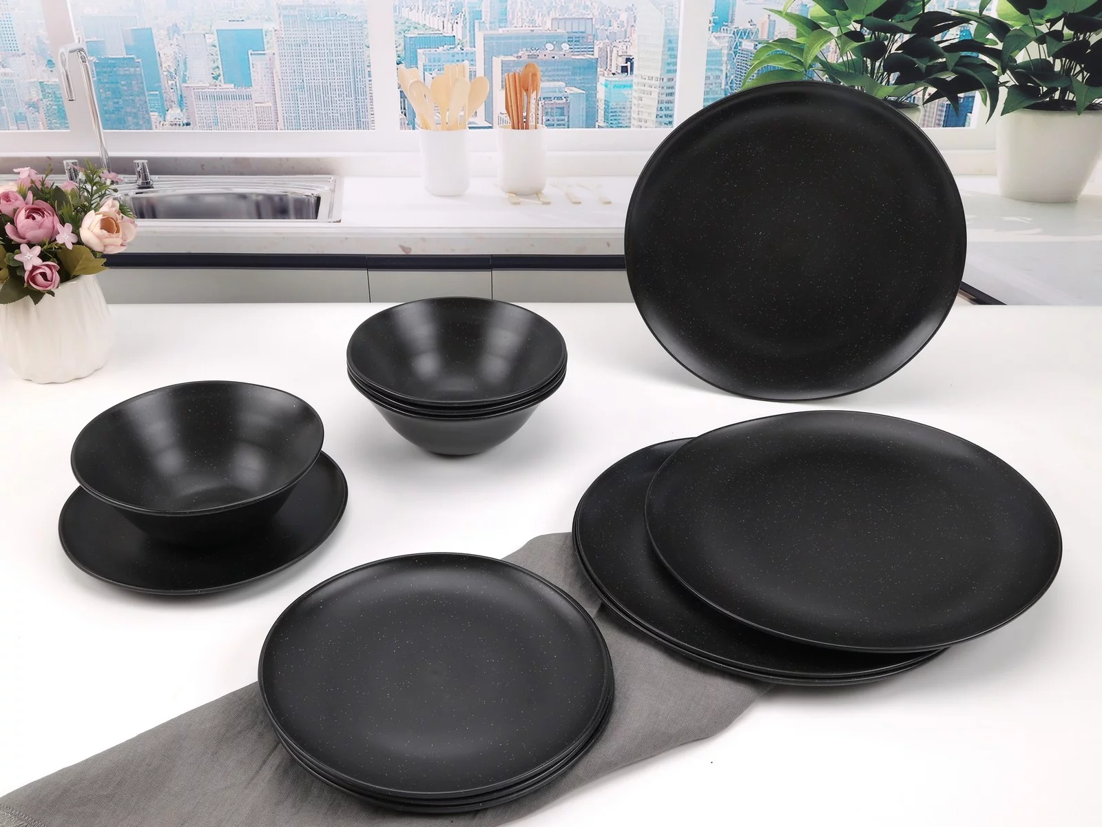 Mainstays 12-Piece Eco-Friendly Dinnerware Set, Black