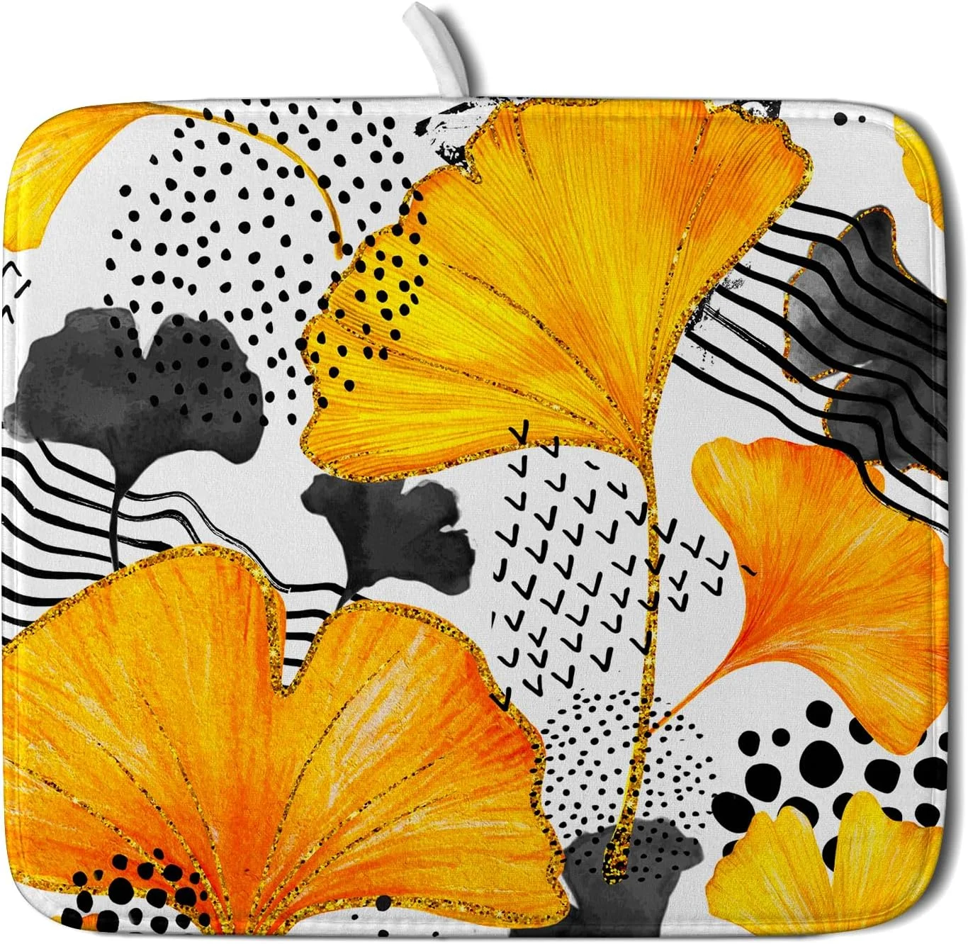 Wellsay Ginkgo Leaf Dishes Drying Mat - Watercolor Orange Gray Leaves Dish Draining Mat Fall Botanical Plants Drying Mats for Kitchen Counter Protector Reversible Dots Dishes Pad 16 x 18 Inch