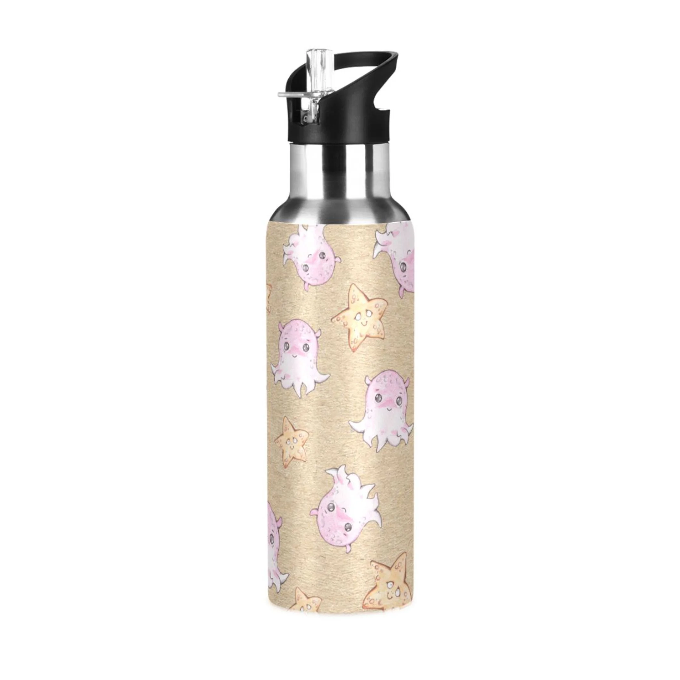 Water Bottle with Straw Lid Leak Octopus Starfish Stainless Steel Insulated Thermos Vacuum Flask for Cold Hot Drinking for Sports Camping Gym Yoga
