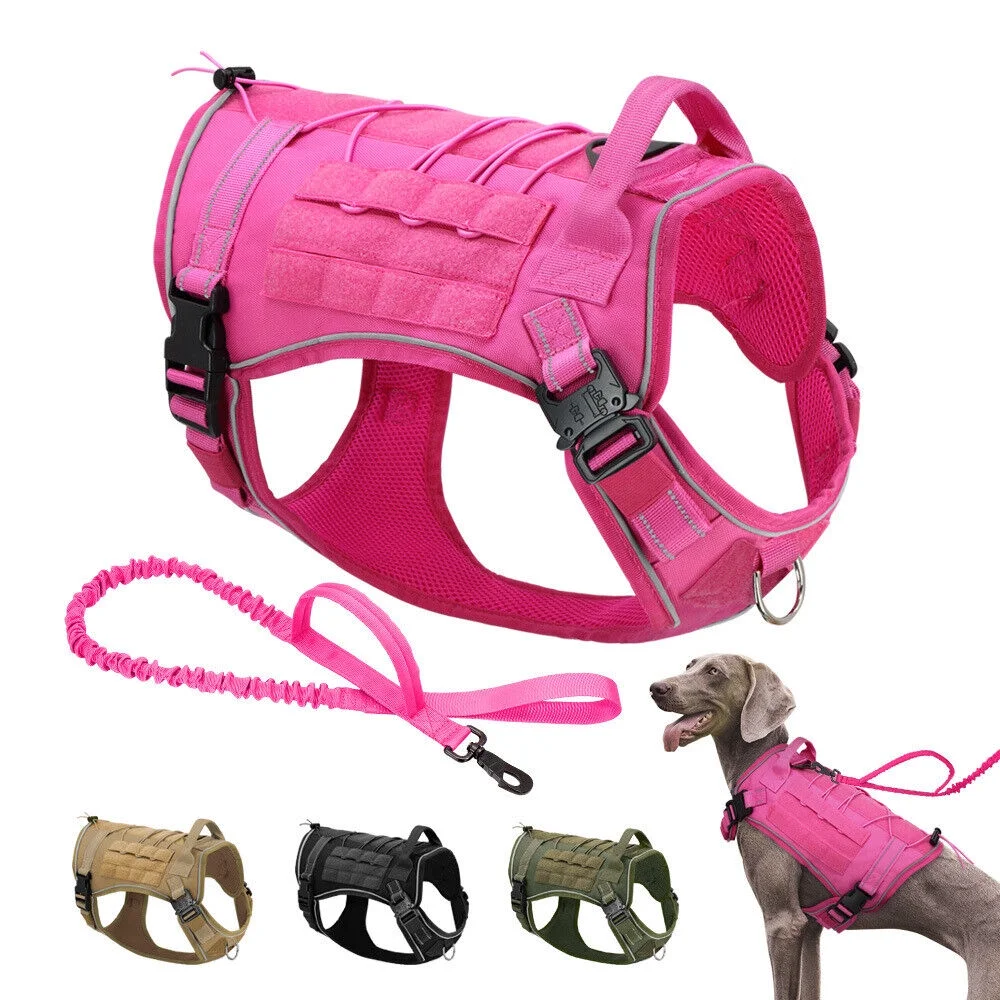 Military-Style Tactical Dog Harness Leash No-Pull Design Reflective Elements