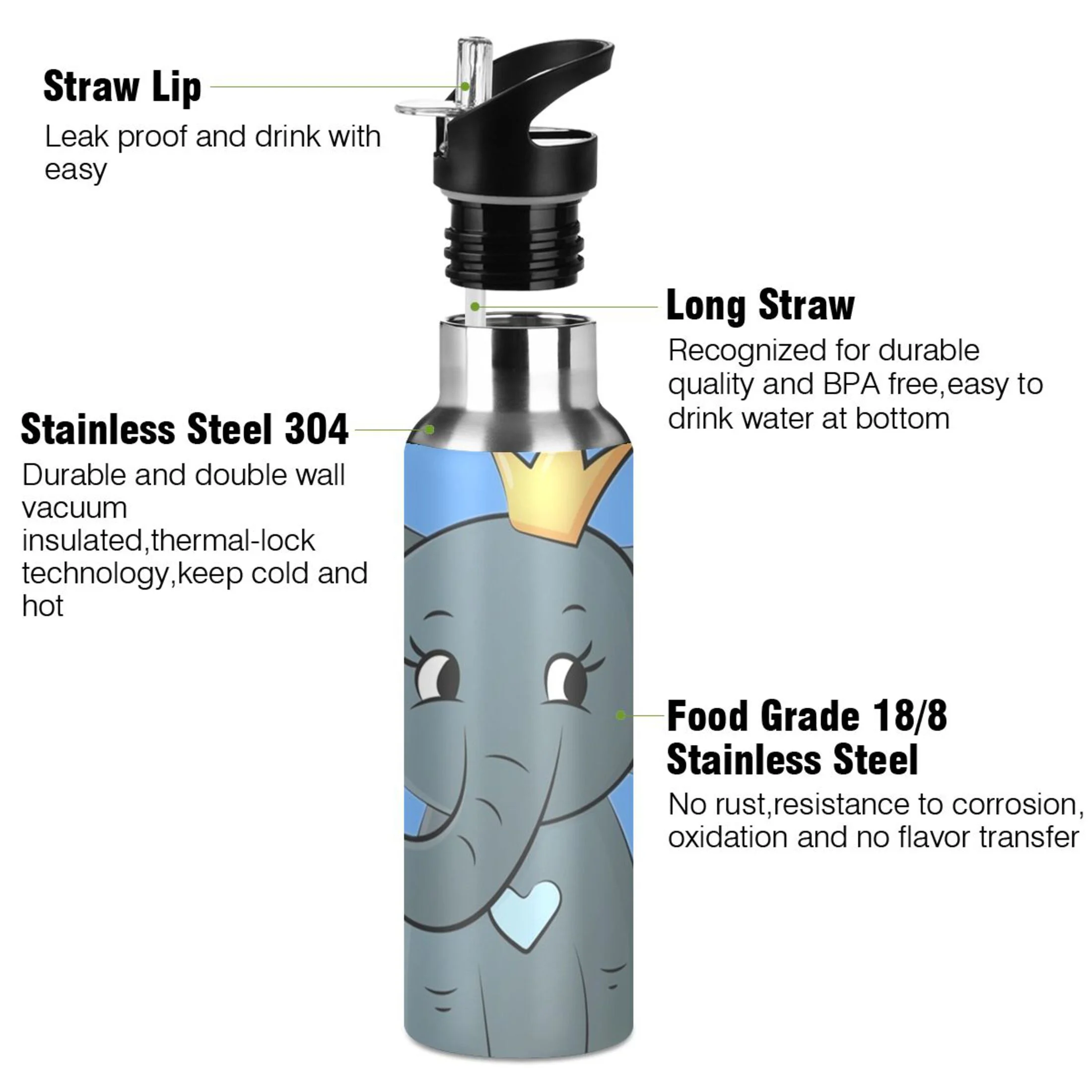Water Bottle with Straw Lid Leak Cartoon Elephant Stainless Steel Insulated Thermos Vacuum Flask for Cold Hot Drinking for Sports Camping Gym Yoga