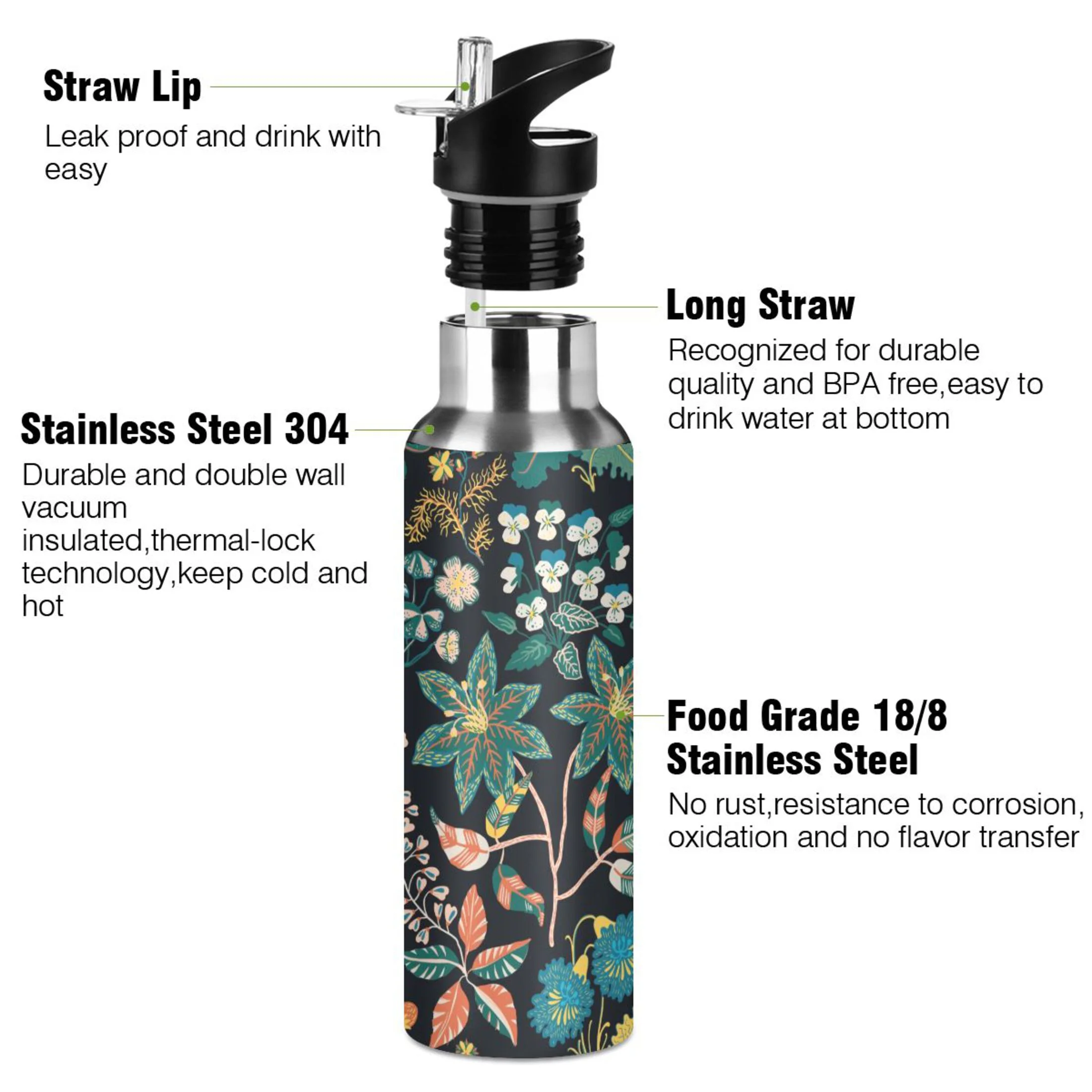 Water Bottle with Straw Lid Leak Colorful Flowers Floral Green Stainless Steel Insulated Thermos Vacuum Flask for Cold Hot Drinking for Sports Camping Gym Yoga