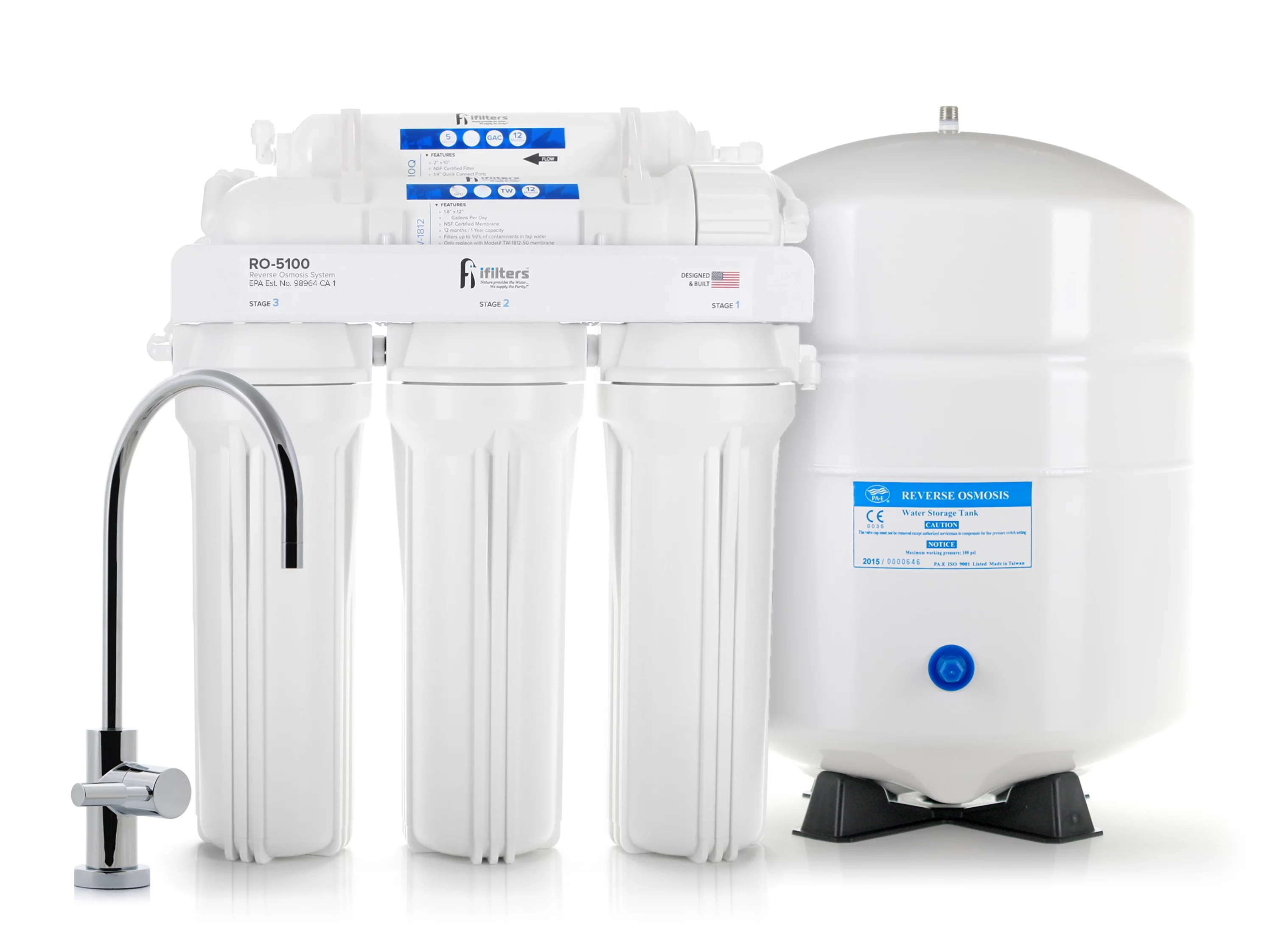 5 Stage Premium Reverse Osmosis System Complete 100 GPD With Filters Faucet & Tank