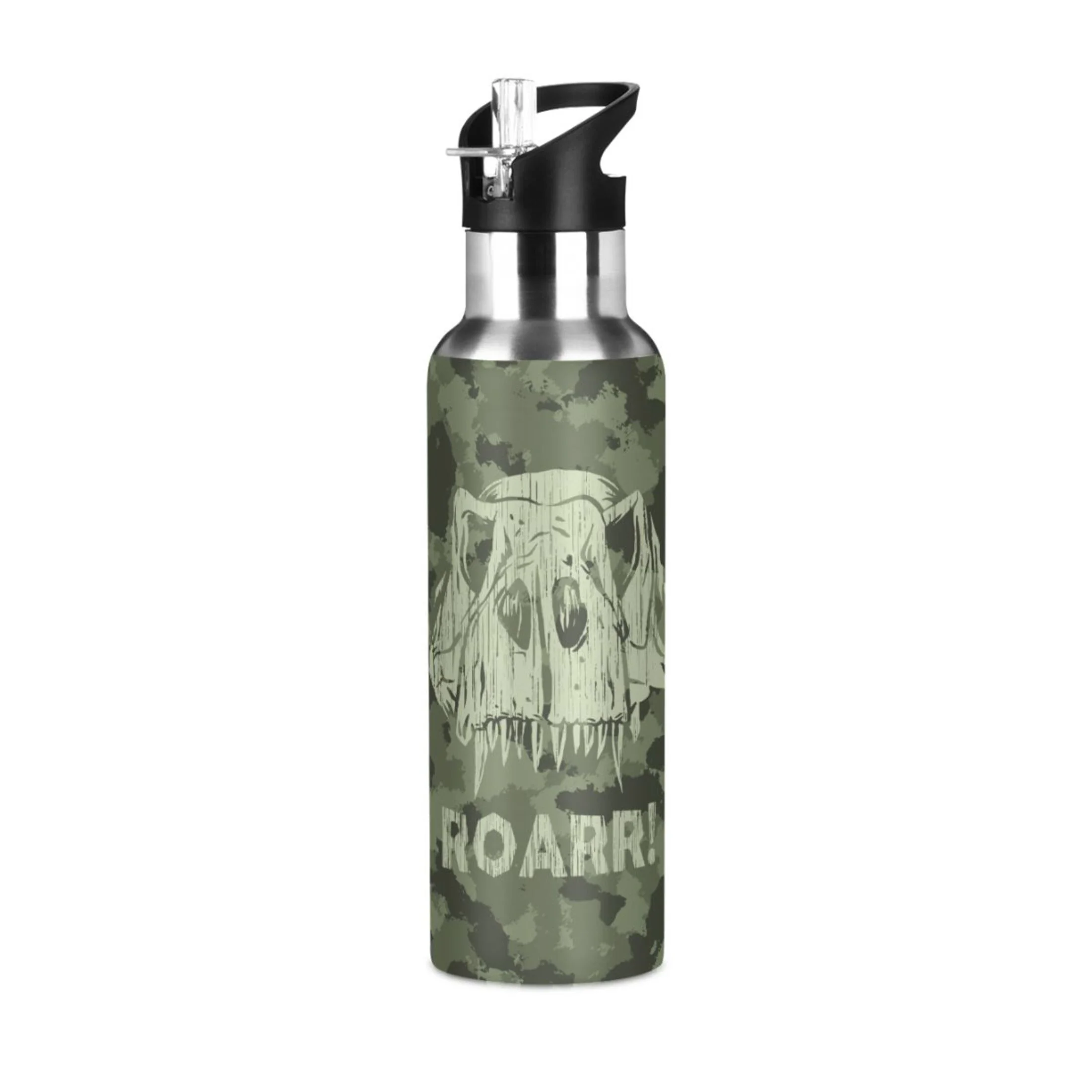 Water Bottle with Straw Lid Leak Camouflage Dinosaur Stainless Steel Insulated Thermos Vacuum Flask for Cold Hot Drinking for Sports Camping Gym Yoga