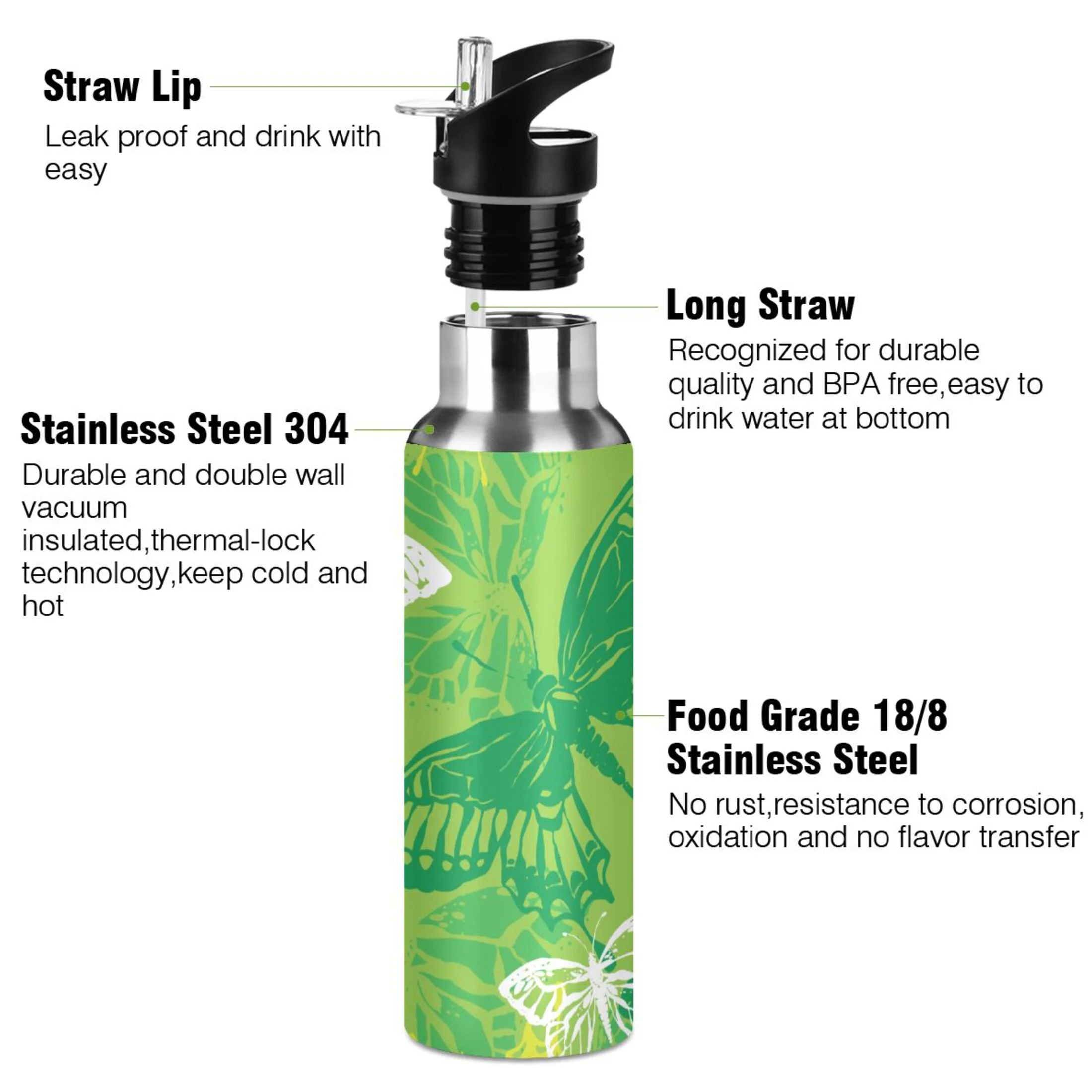 Stainless Steel Water Bottle Butterfles in Green Color with Straw Lid Vacuum Insulated Leak Proof Flask Jug for Gym Travel Sports Cycling Outdoor 20 OZ