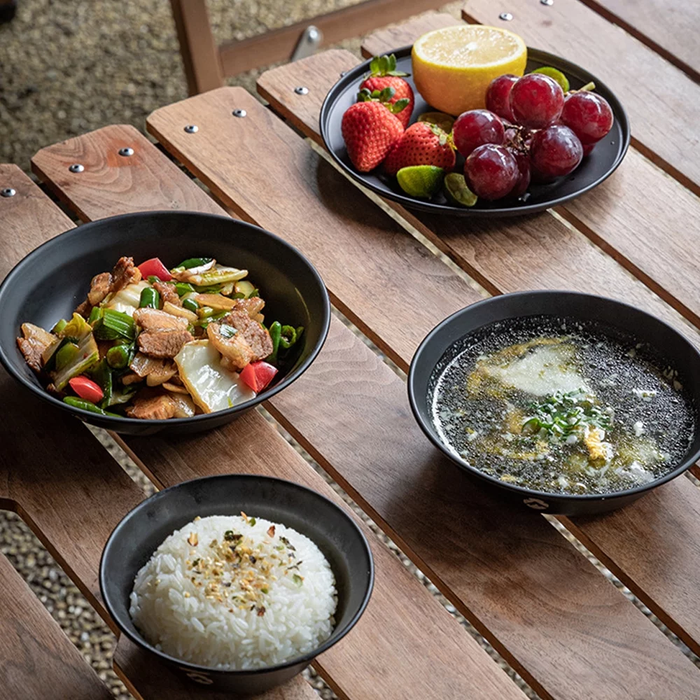 CAMPINGMOON Stainless Steel Ti-coated Tableware Set Portable dinnerware Kit Camping Picnic BBQ Bowl and Plate Kits with Storage Bag