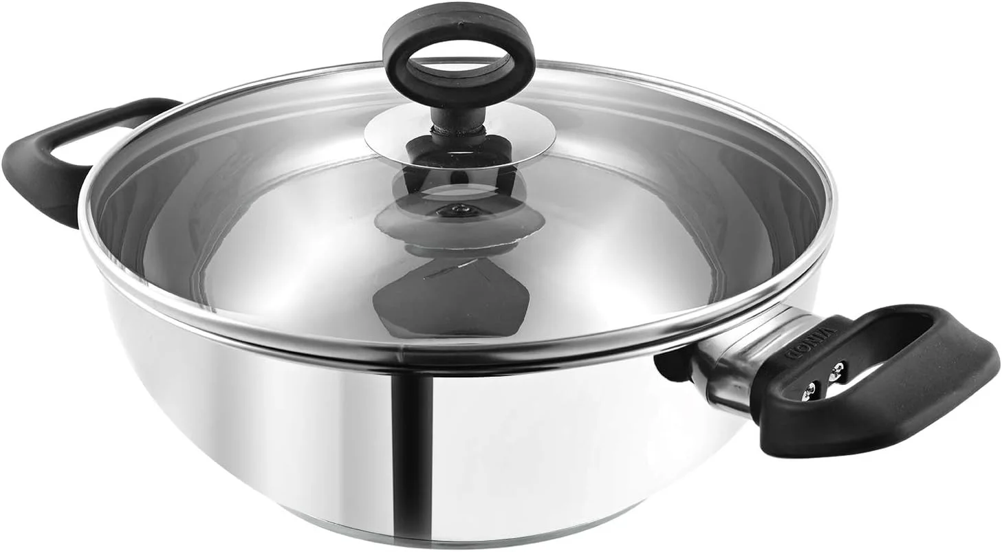 Vinod Stainless Steel Kadai | Deluxe Wok | Glass Lid | Induction Friendly | Sandwich Bottom | 24cm Capacity | 2.8 Liters (2.96 Quarts) | Multi-Use Pot | Suitable For Indian Cooking, Gravy, Stews