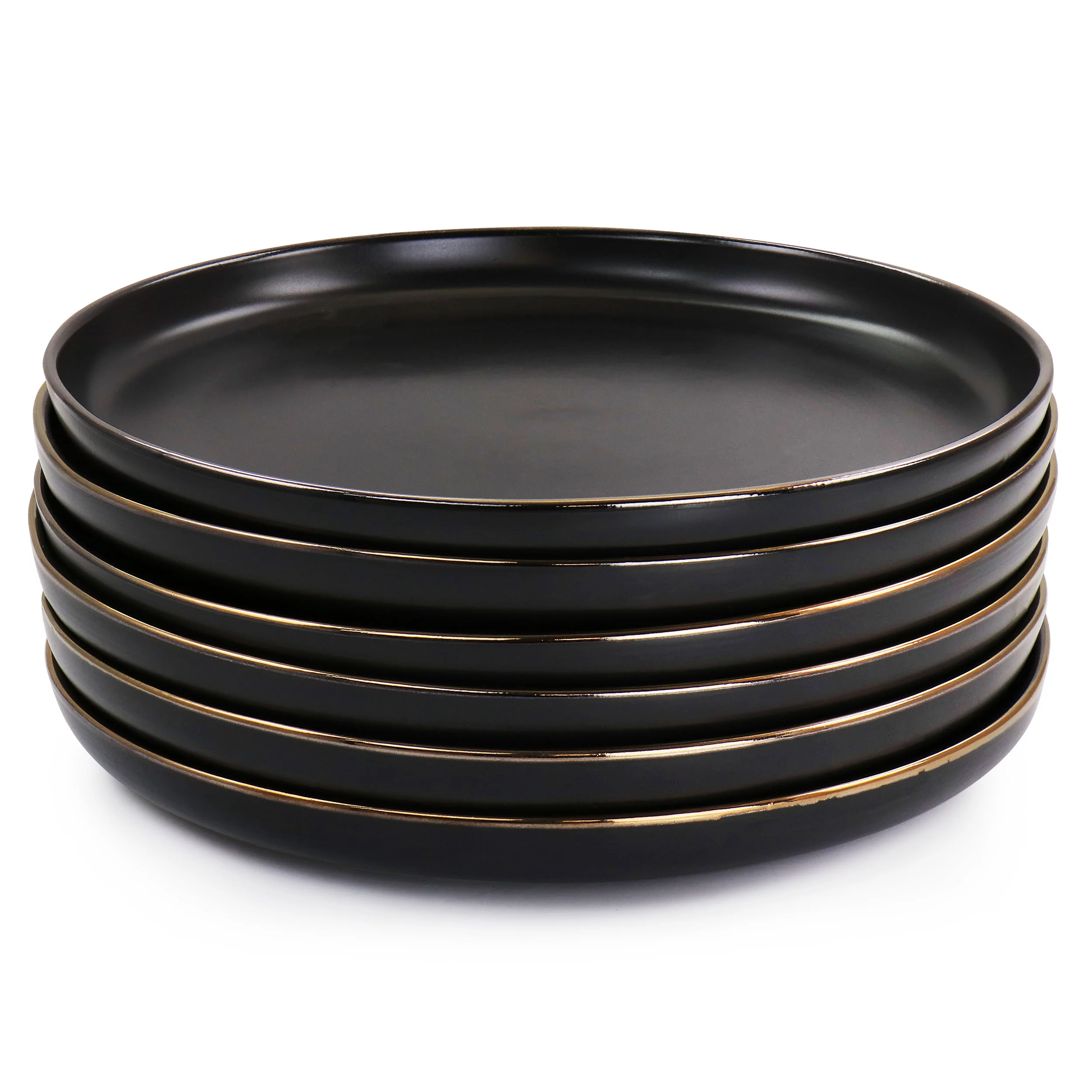Elama Paul 6 Piece Stoneware Dinner Plate Set in Matt Black with Gold Rim