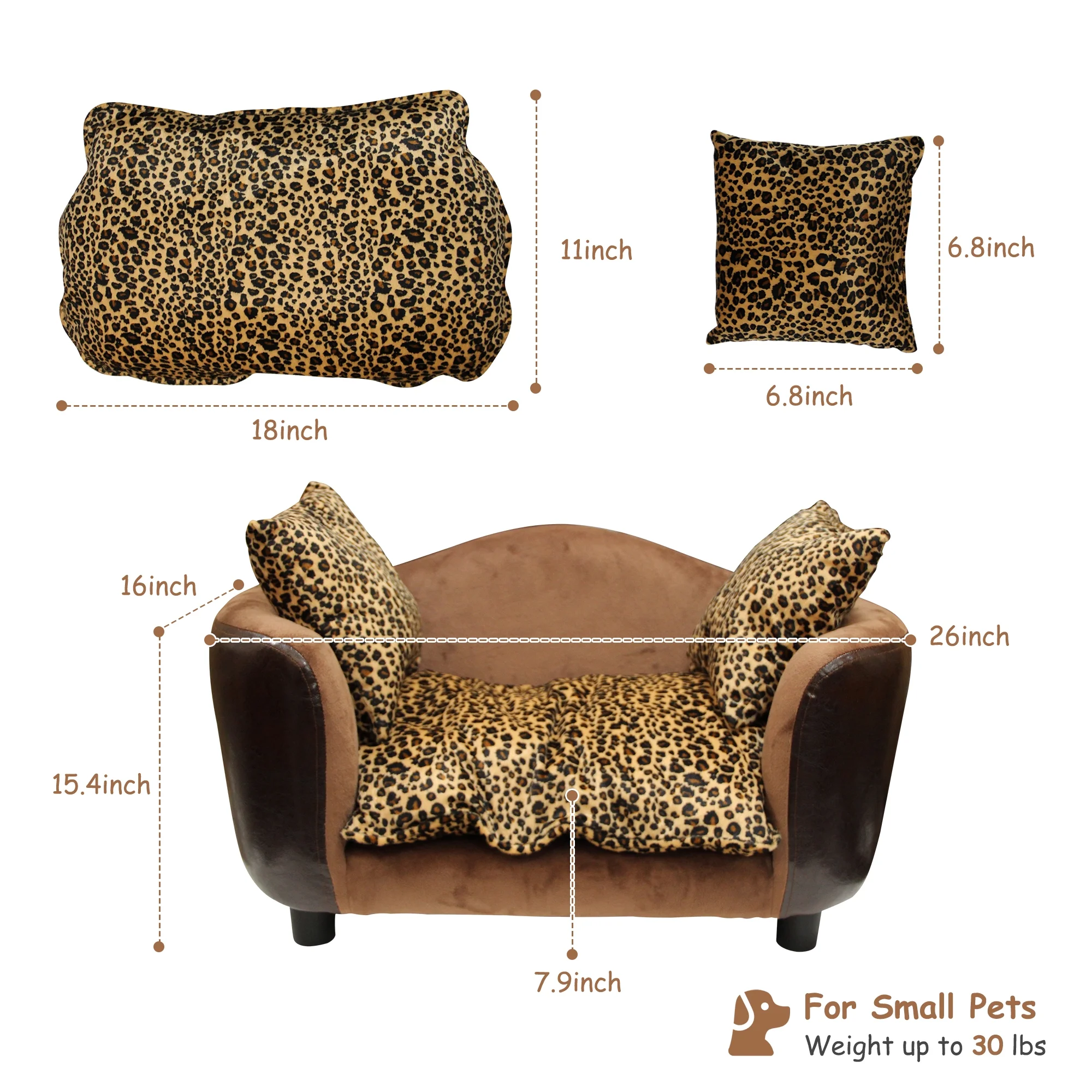 DAWNYIELD Fluffly Deluxe Pet Bed Sofa Chocolate Leopard grain, Small