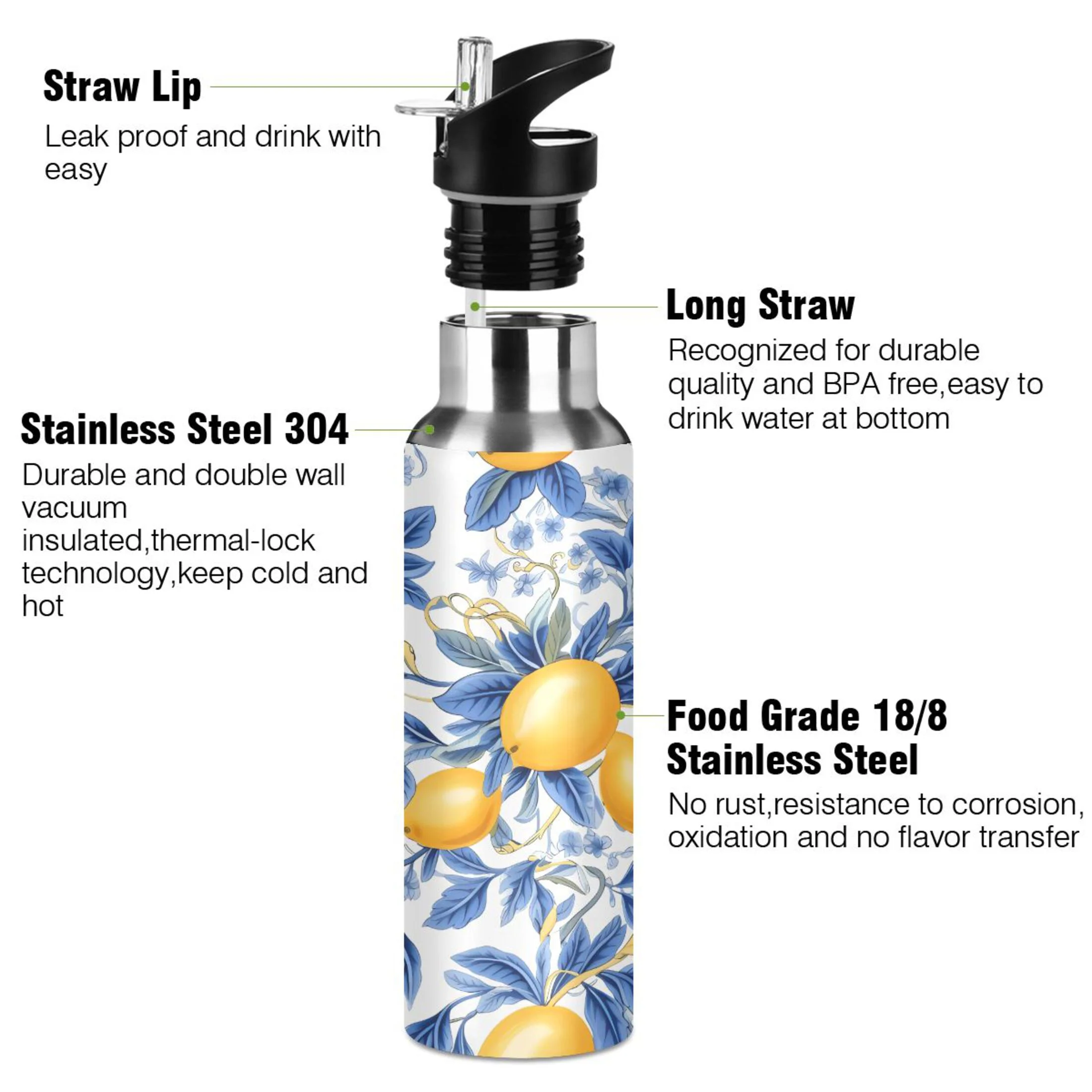 Water Bottle with Straw Lid Leak Lemons and Blue Leaves Stainless Steel Insulated Thermos Vacuum Flask for Cold Hot Drinking for Sports Camping Gym Yoga