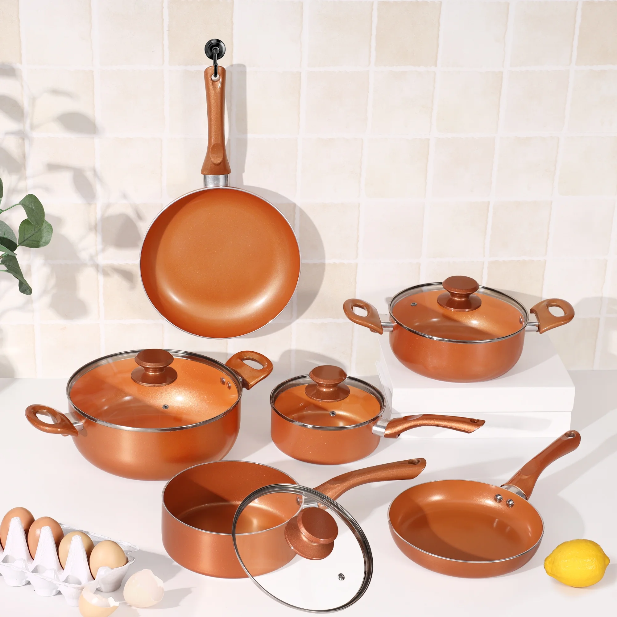 Scafild | 10-Piece Ceramic Nonstick Aluminum Cookware Set - Copper