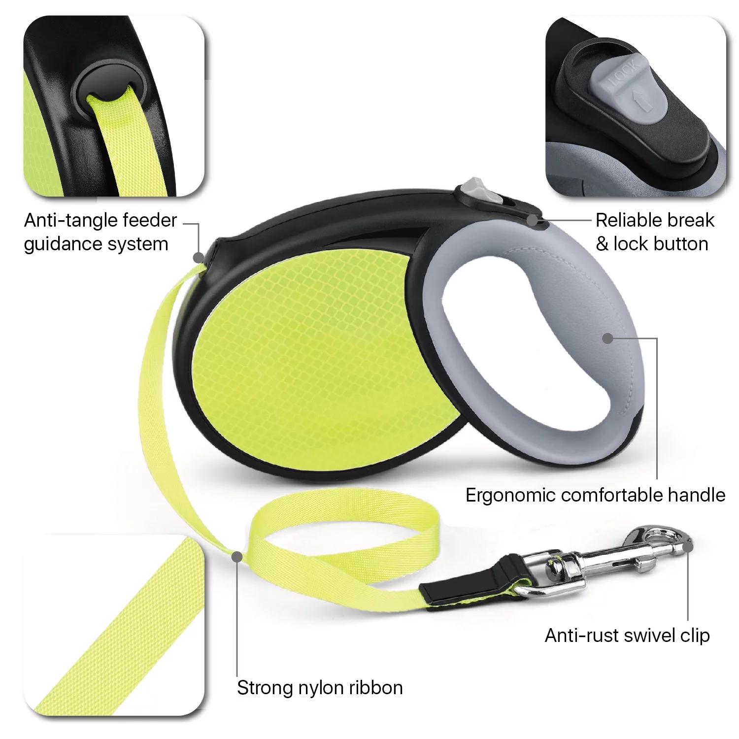 Retractable Dog Leash For Small Dogs Medium Breed, Cats 16ft Neon Green Black Heavy Duty Anti Tangle Extra Long Reflective Extendable Leash with Lock Button, Night Safety