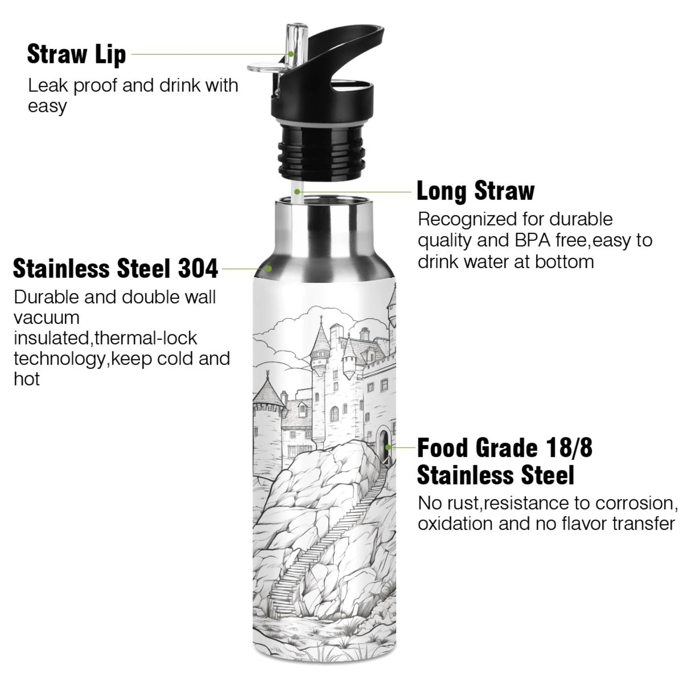 Water Bottle with Straw Lid Leak Black and White Landscape Stainless Steel Insulated Thermos Vacuum Flask for Cold Hot Drinking for Sports Camping Gym Yoga