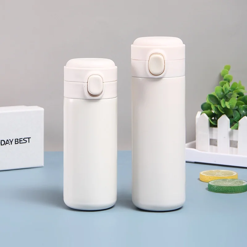 Stainless Steel Water Bottle 14oz White Straight Thin Kids Cup Straw Cup with Pop black lid