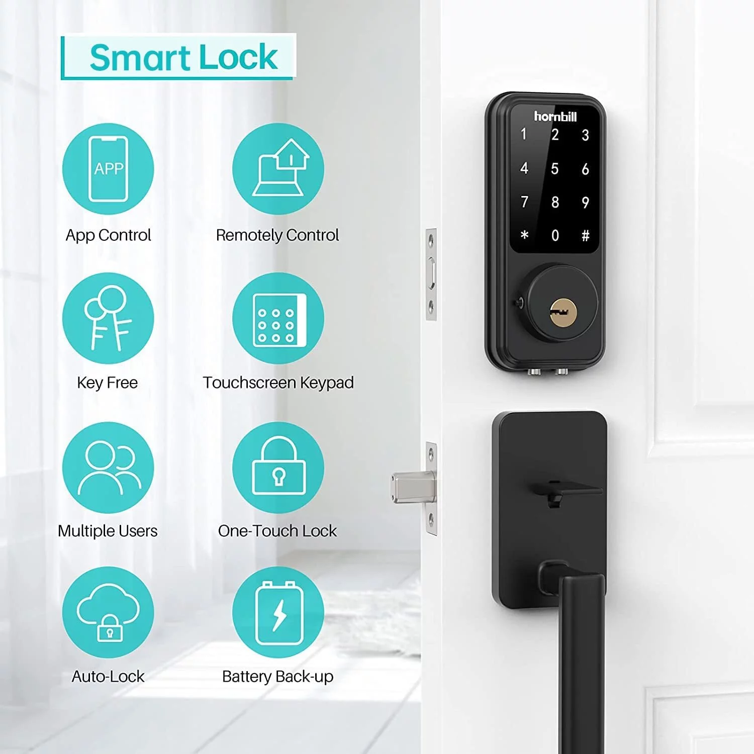 Wi-Fi Bluetooth Smart Lock, Keyless Entry Smart Front Lock, hornbill Touch Screen Keypads, Digital Electronic Lock, App Control, Auto Lock, Compatible with Alexa, Remotely Control Included G2 Gateway