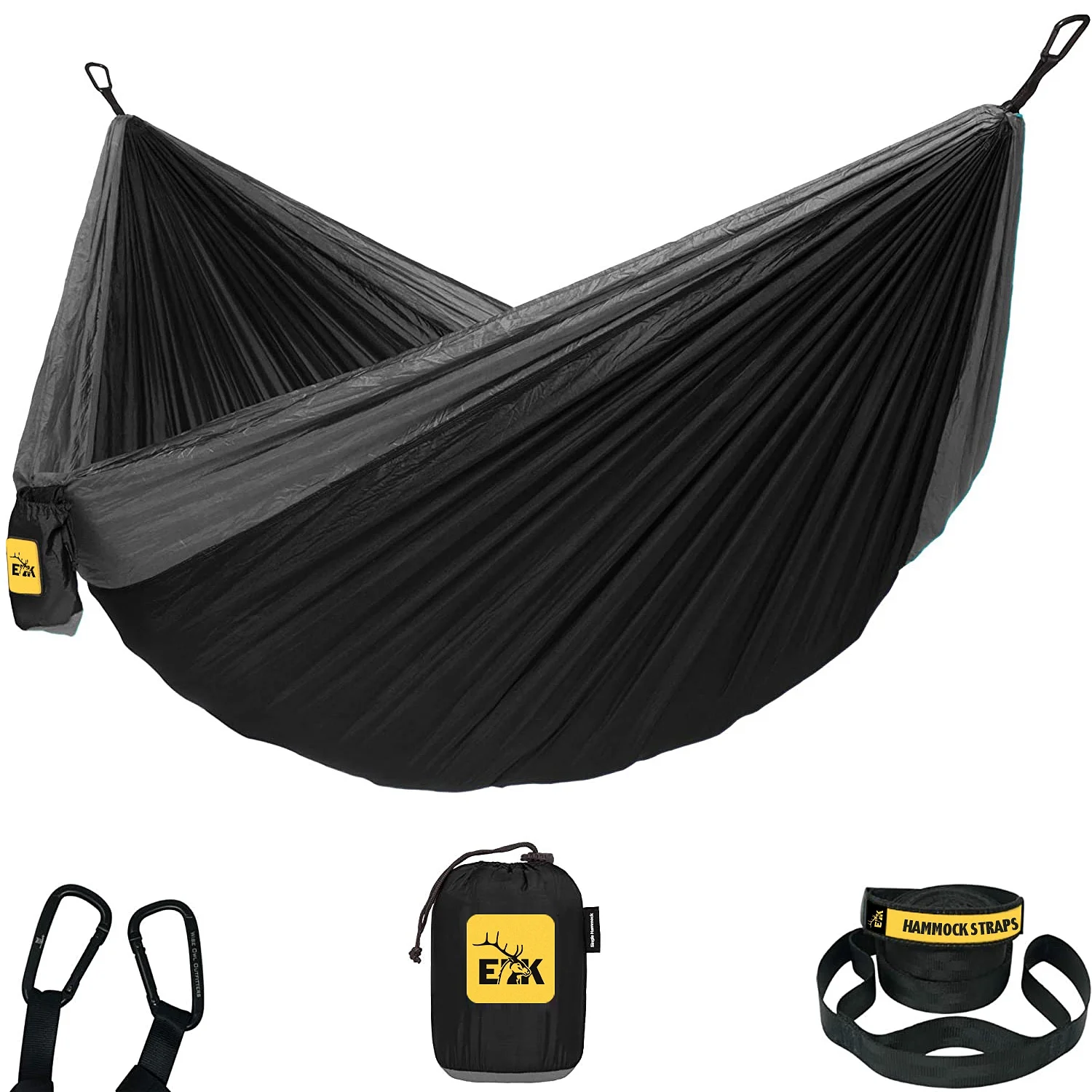 ELK Single Person Hammock with Tree Straps - Lightweight Parachute Nylon for Outdoor Adventures (Black/Gray)