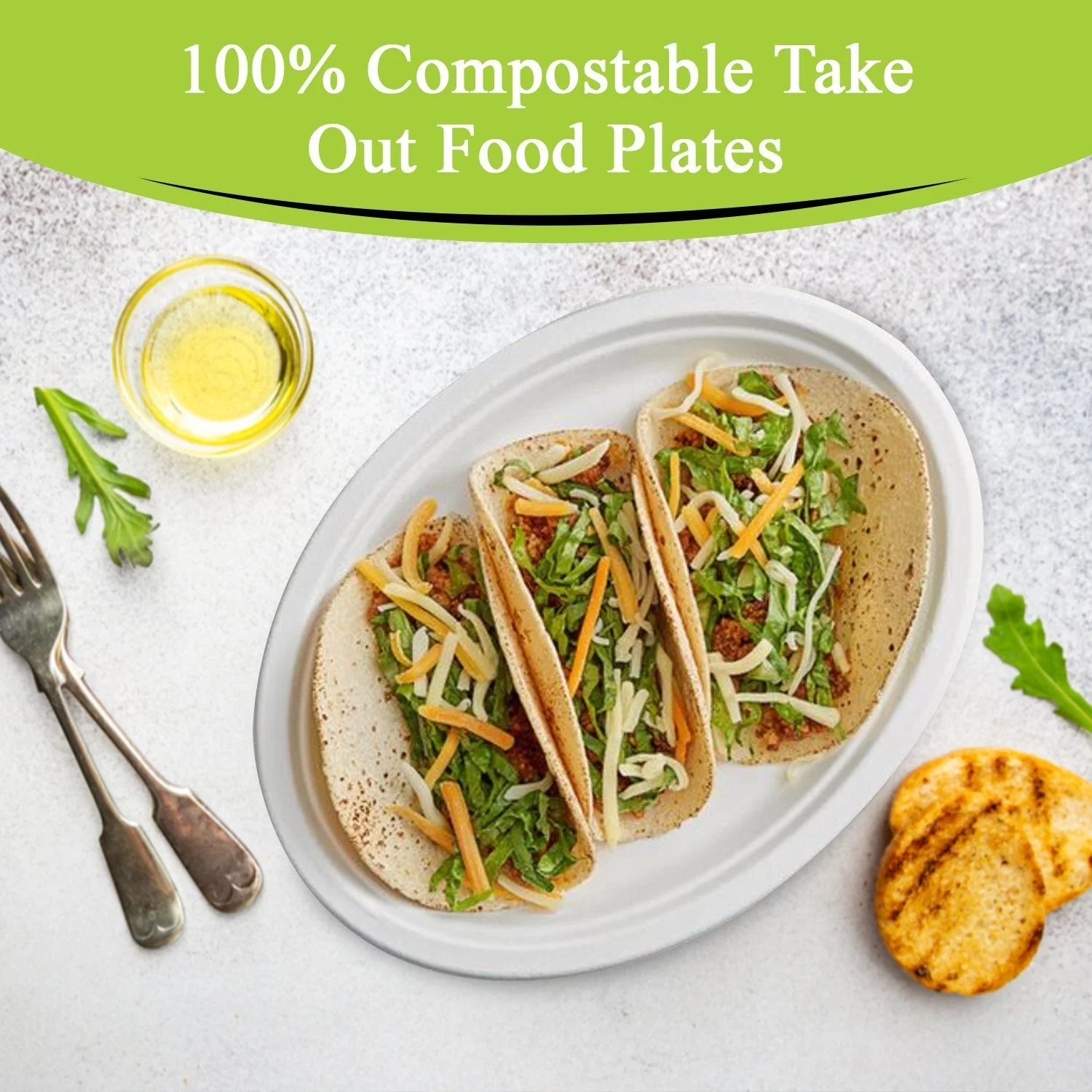 Three Leaf 12” X 10” Bagasse Oval Plate, 50 CT. Heavy-Duty- Super Strong- White- Eco-Friendly