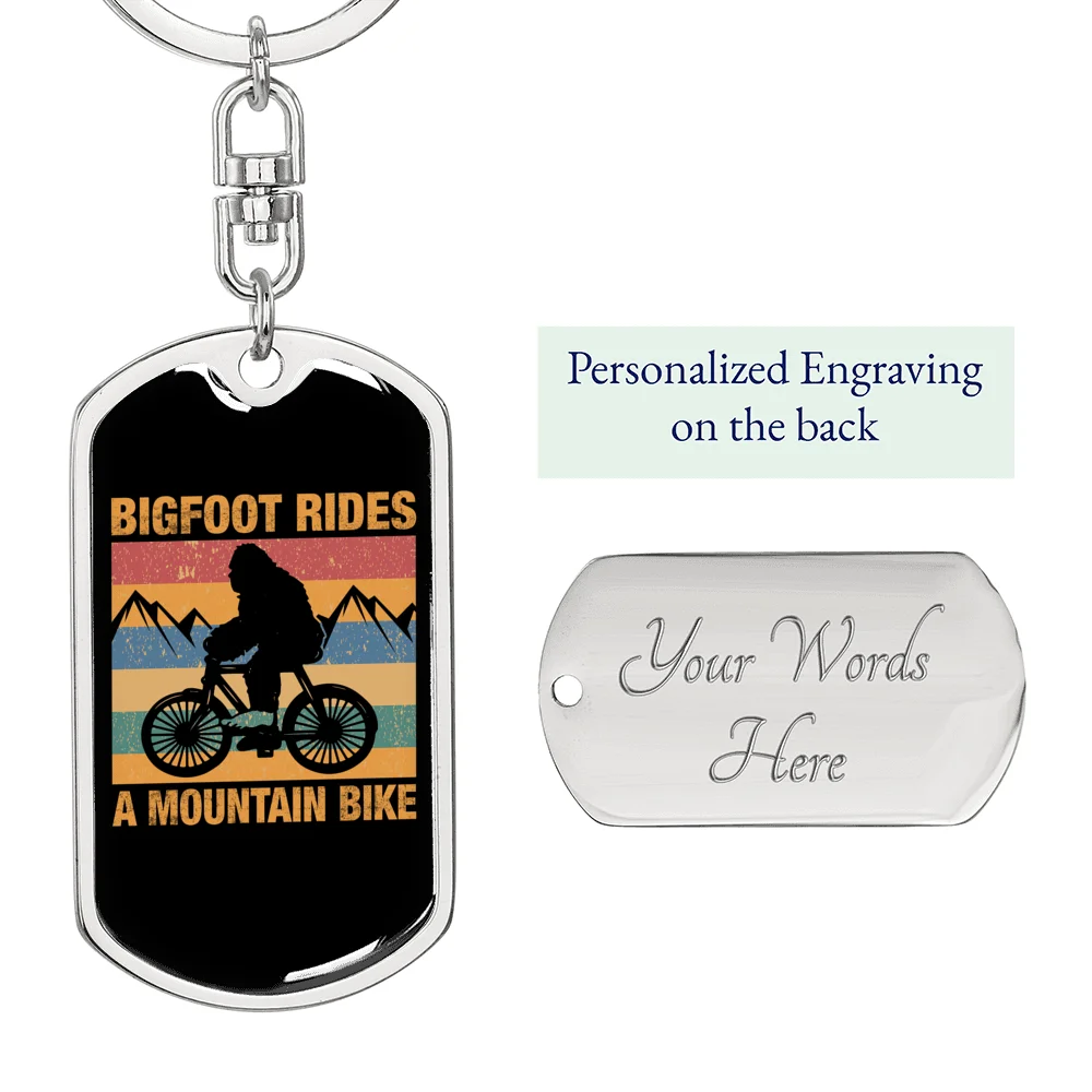 Big Foot Rides A Mountain Bike Cycling Stainless Steel or 18k Gold Premium Swivel Dog Tag Keychain
