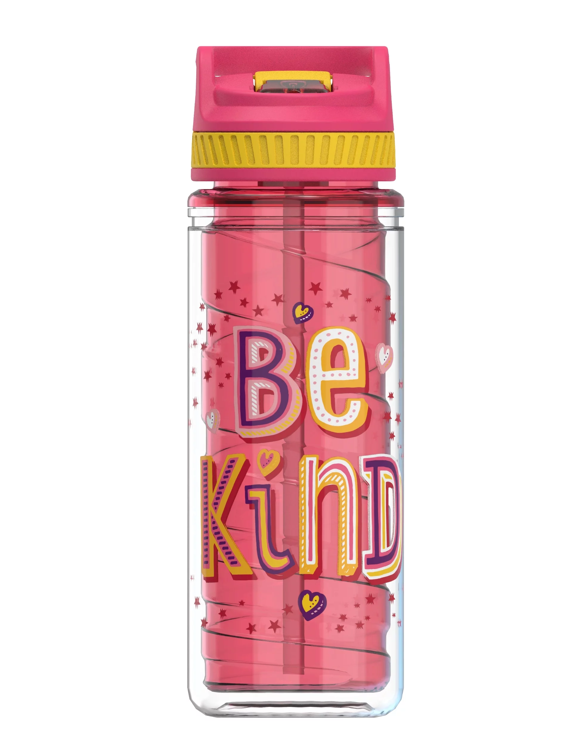 Cool Gear 2-Pack 16 oz Kid's Twist Water Bottle with Double Wall, Sipper Lid and Finger Loop Cap with Printed Design | Great for School, Sports, Outdoors, and More - Be Kind/ Flowers