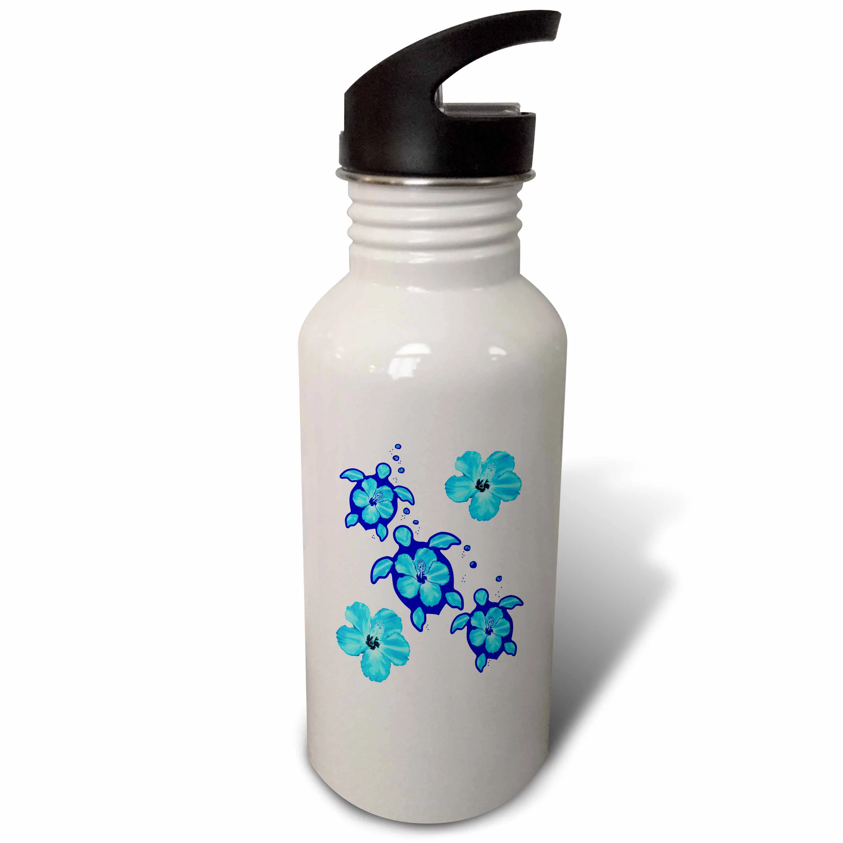 Ocean blue Hawaiian Honu sea turtles symbols and tropical flowers. 21 oz Sports Water Bottle wb-299222-1