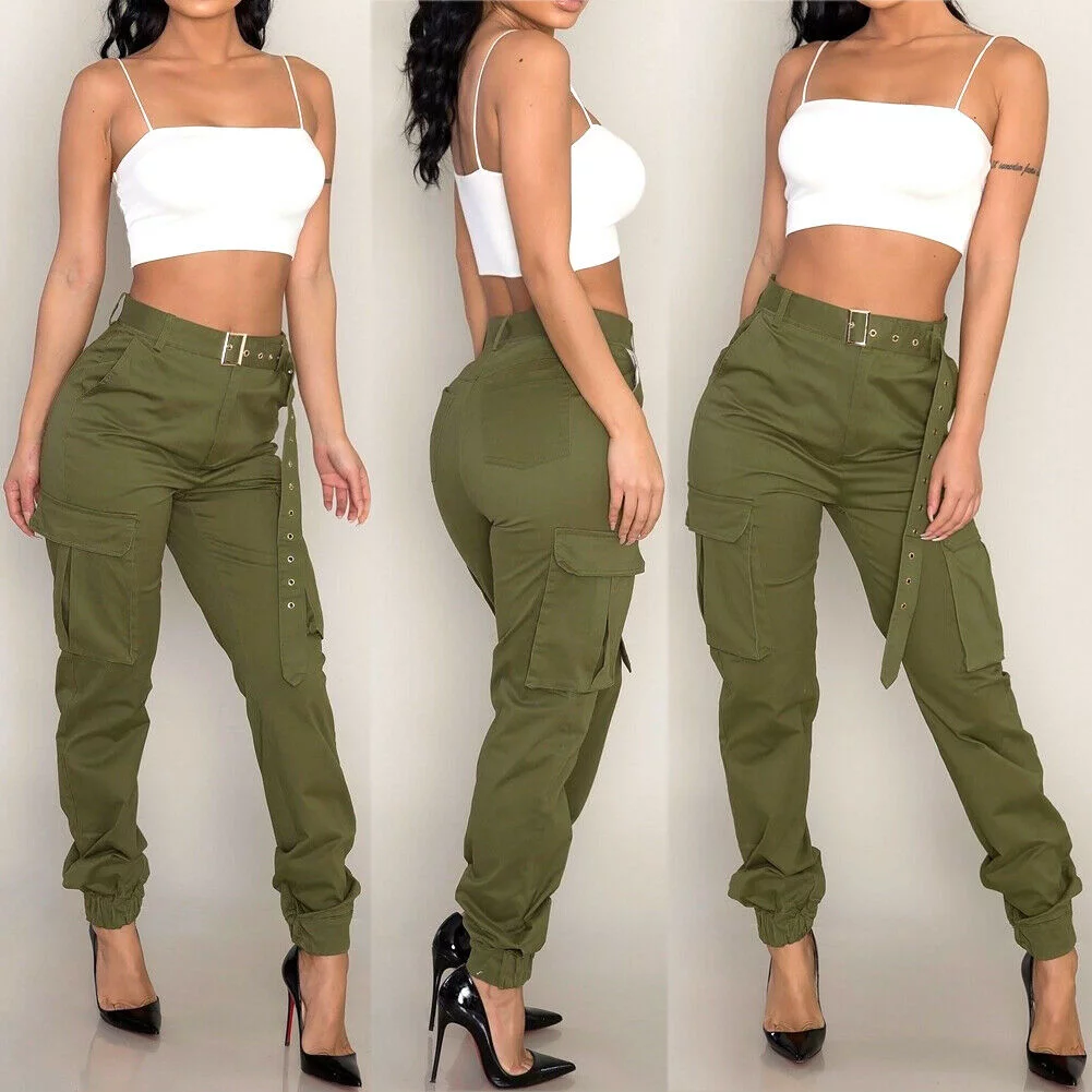 Womens High Waist Cargo Pants Slim Fit Casual Jogger Trousers with Pockets
