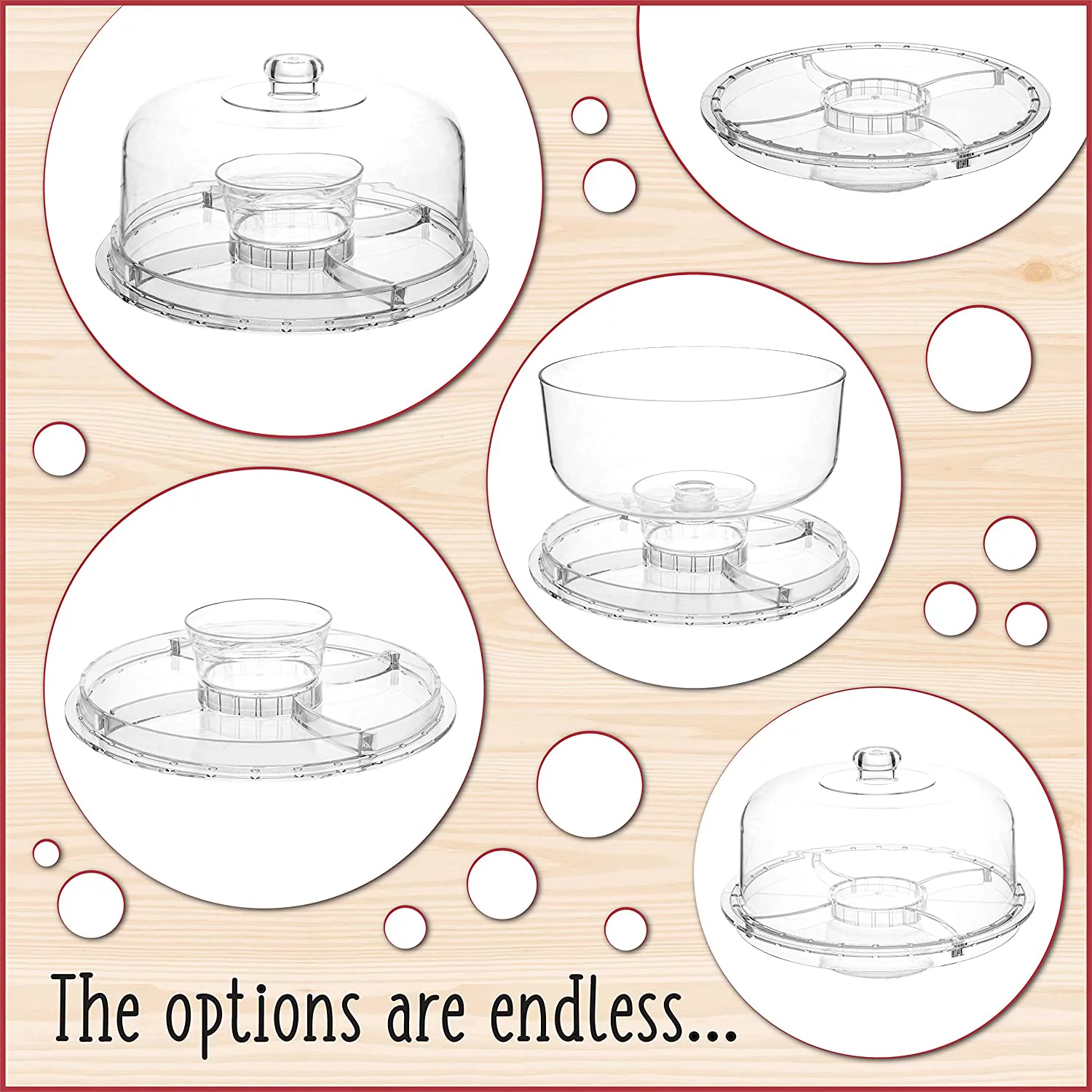 Homeries Cake Stand with Dome Cover (6 in 1) Multi-Functional Serving Platter and Cake Plate - Use as Cake Holder, Salad Bowl, Platter, Punch Bowl, Desert Platter, Nachos & Salsa Plate, (Acrylic)