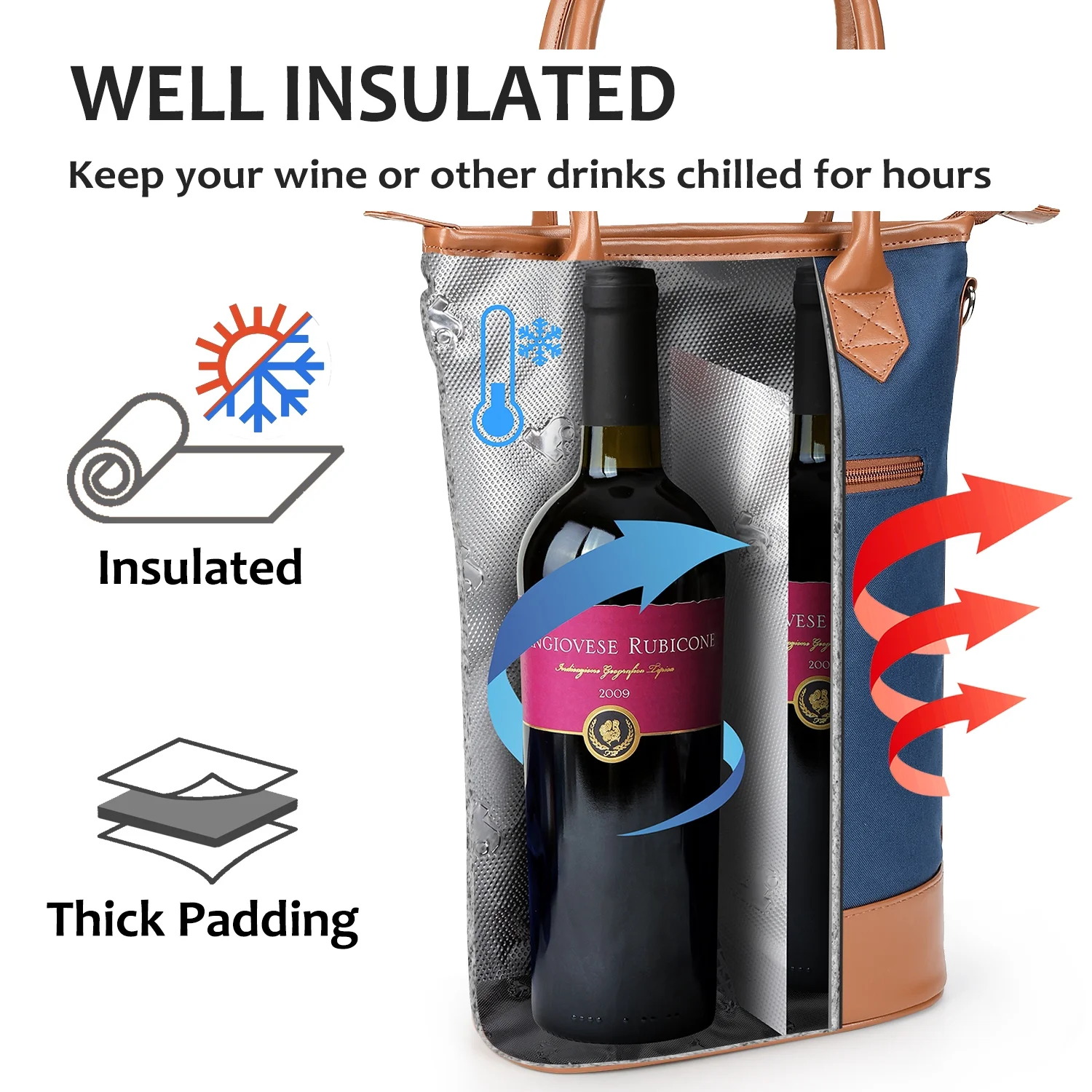 Tirrinia Insulated Wine Carrier Tote - Travel Padded 2 Bottle Wine/ Champagne Cooler Bag with Handle and Adjustable Shoulder Strap, Great Wine Lover Gift, Blue