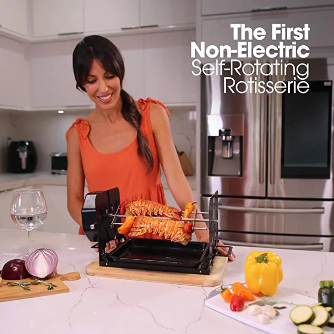 Roto Tisserie! Non Electric Rotisserie Machine. Portable for Convection Oven, Air Fryer Oven, BBQ Rotisserie, Fire Pit. Self Rotating Spit Roaster for Rotisserie Chicken, Shawarma, and 5lbs Foods