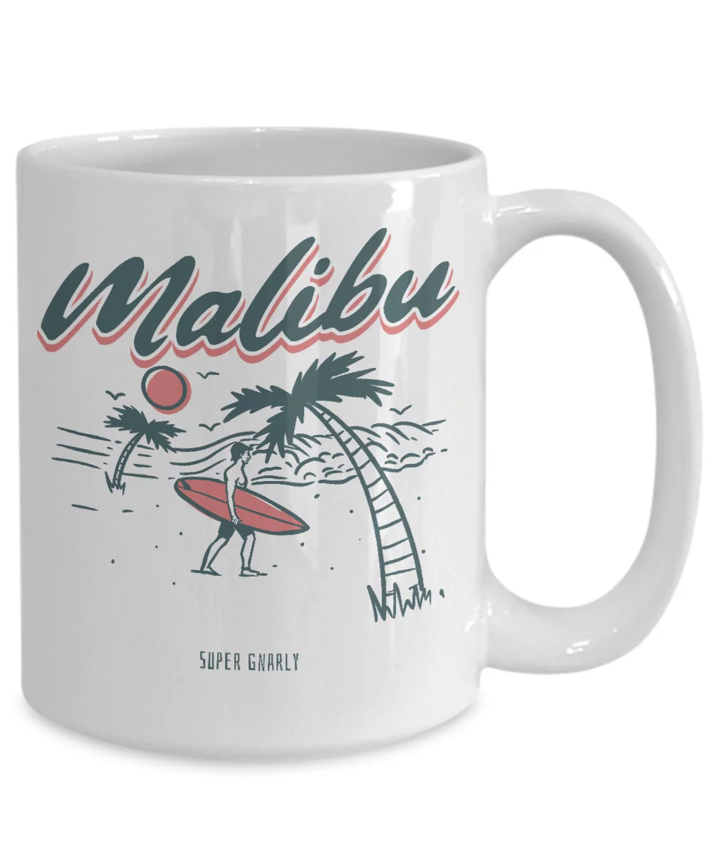 Vintage Surf Super Gnarly Malibu Beach Surfer White Gift coffee mug
