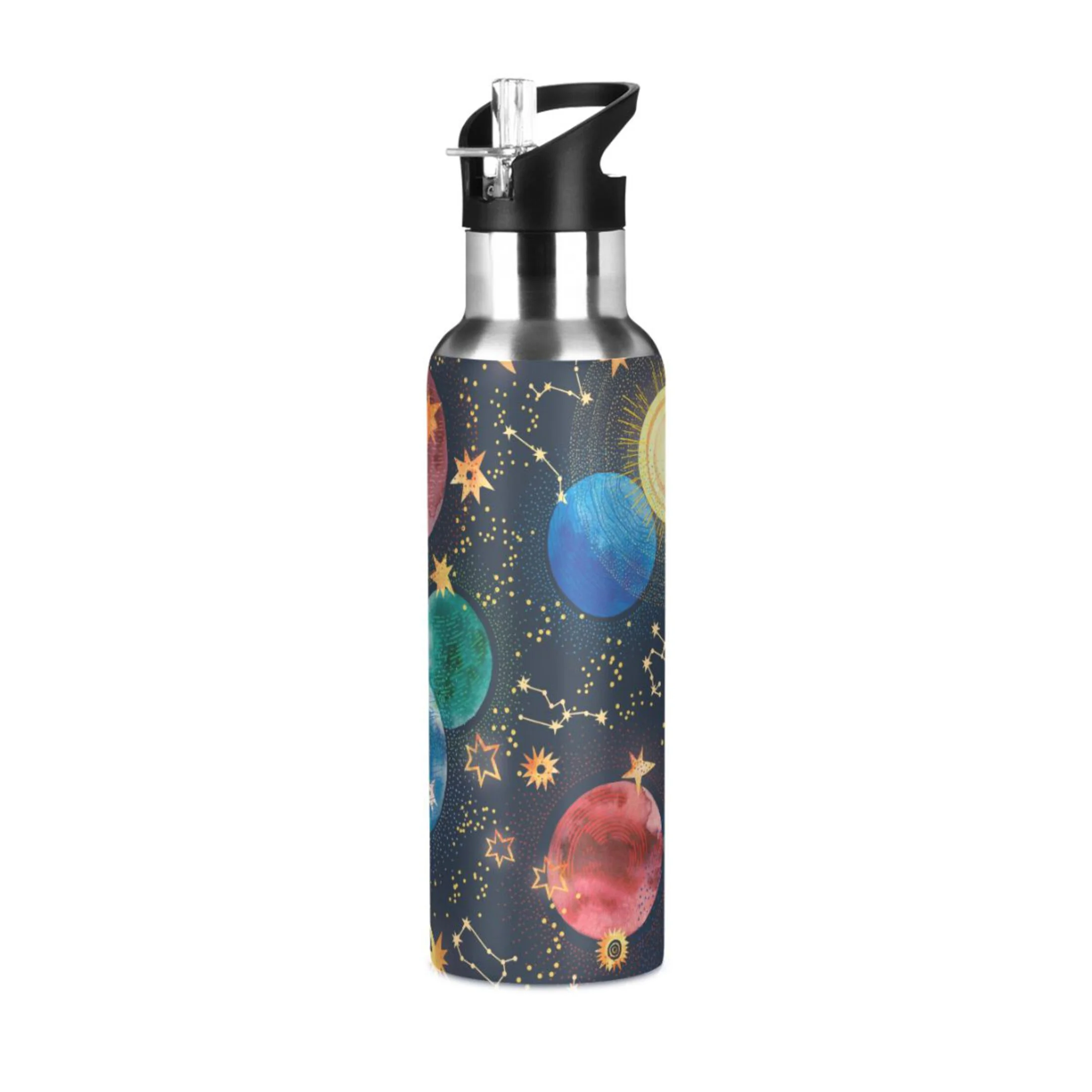 Water Bottle with Straw Lid Leak Galaxy Space Colorful Planet Stainless Steel Insulated Thermos Vacuum Flask for Cold Hot Drinking for Sports Camping Gym Yoga