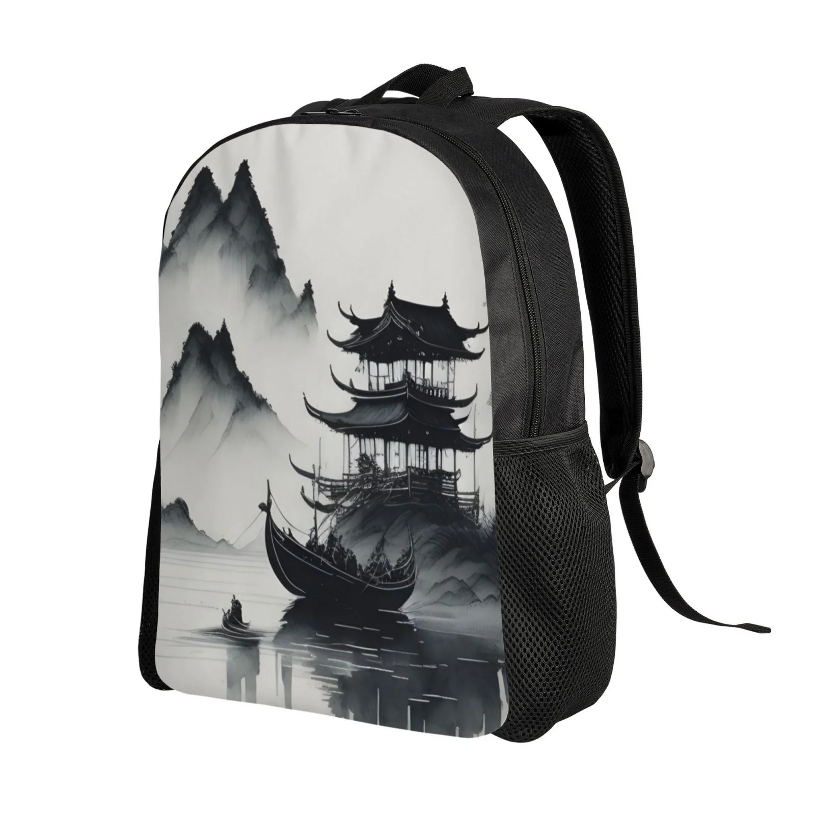 ZNDUO Travel Backpack, Lake Tree Ink Mountain Pattern Backpack for School, 16 inch Lightweight Bookbag