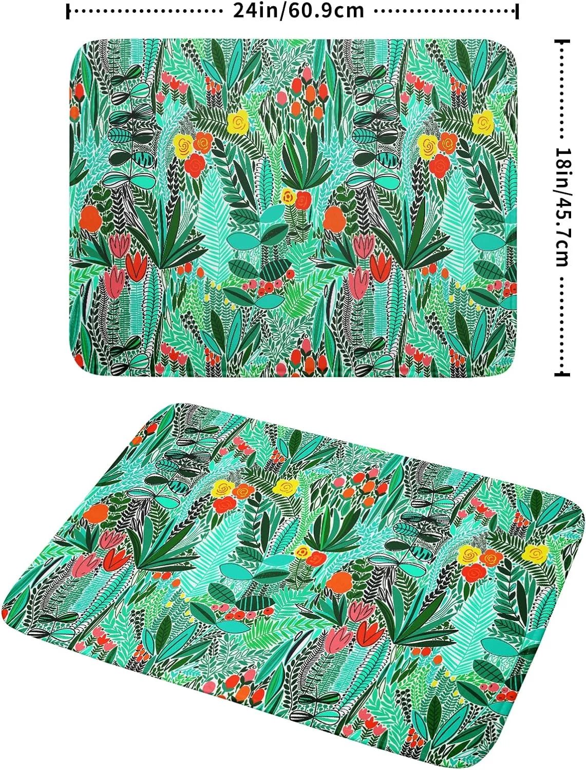 Wellsay Dish Drying Mat - Yellow Red Flowers Drying Pad 18 x 24 Inch Green Tropical Leaves Dish Mat Botanical Wildflowers Dish Draining Mats Spring Summer Plants Drying Pad for Kitchen Counter