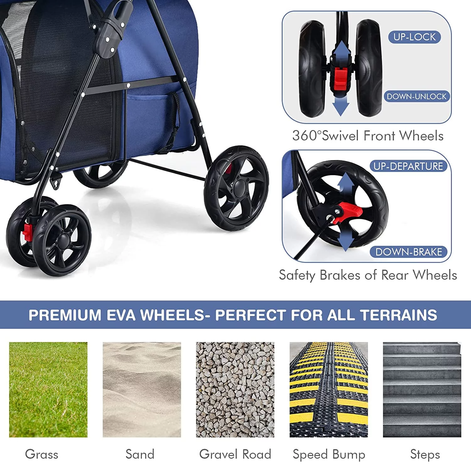 Double Pet Stroller with 2 Detachable Carrier Bags, Safety Belt, 4 Lockable Wheels Cat Stroller Travel Carrier Strolling Cart, Folding Dog Stroller for Small Medium Dogs Cats Puppy (Navy)
