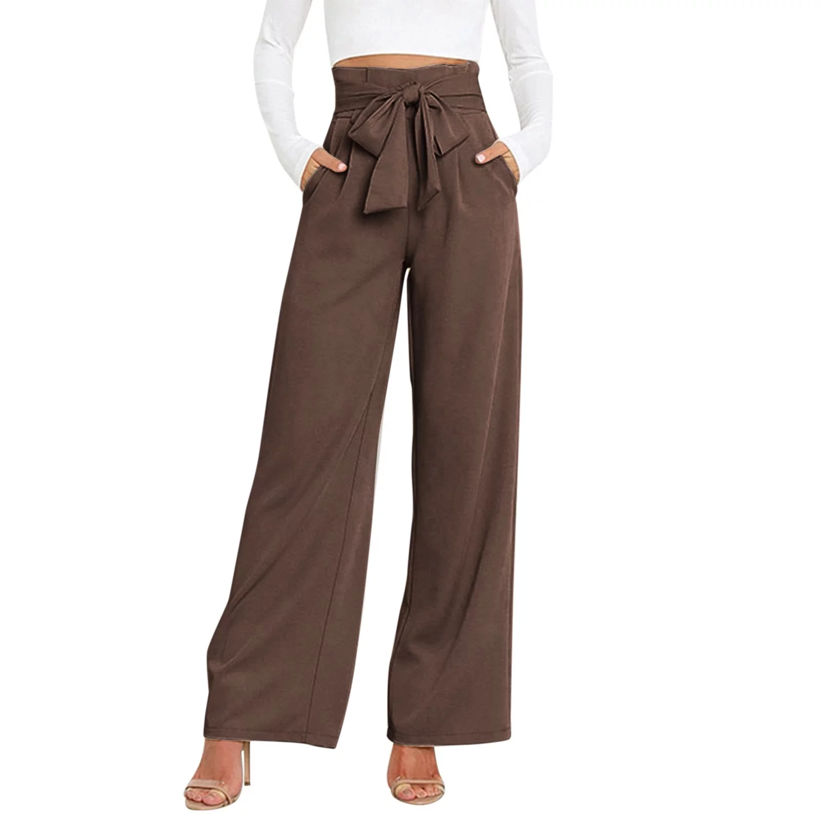 WEAIXIMIUNG Female Trousers Pants for Women Long Ladies Workplace Trousers Casual Straight Pants Temperament Elegant Pocket Belt Pants Khaki S