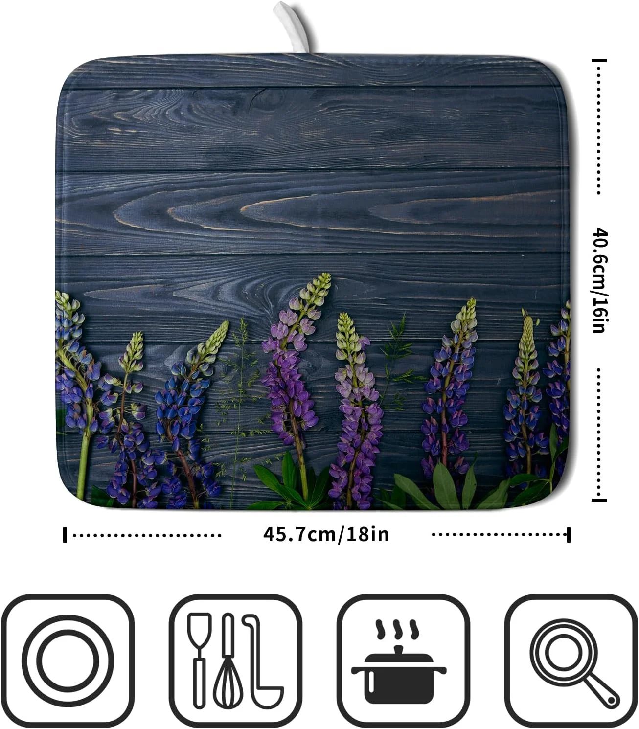 Wellsay Wooden Lavender Dish Drying Mat - 16 x 18 IN Floral Drying Mats for Kitchen Counter Botanical Wood Art Drying Rack Mat for Dishes