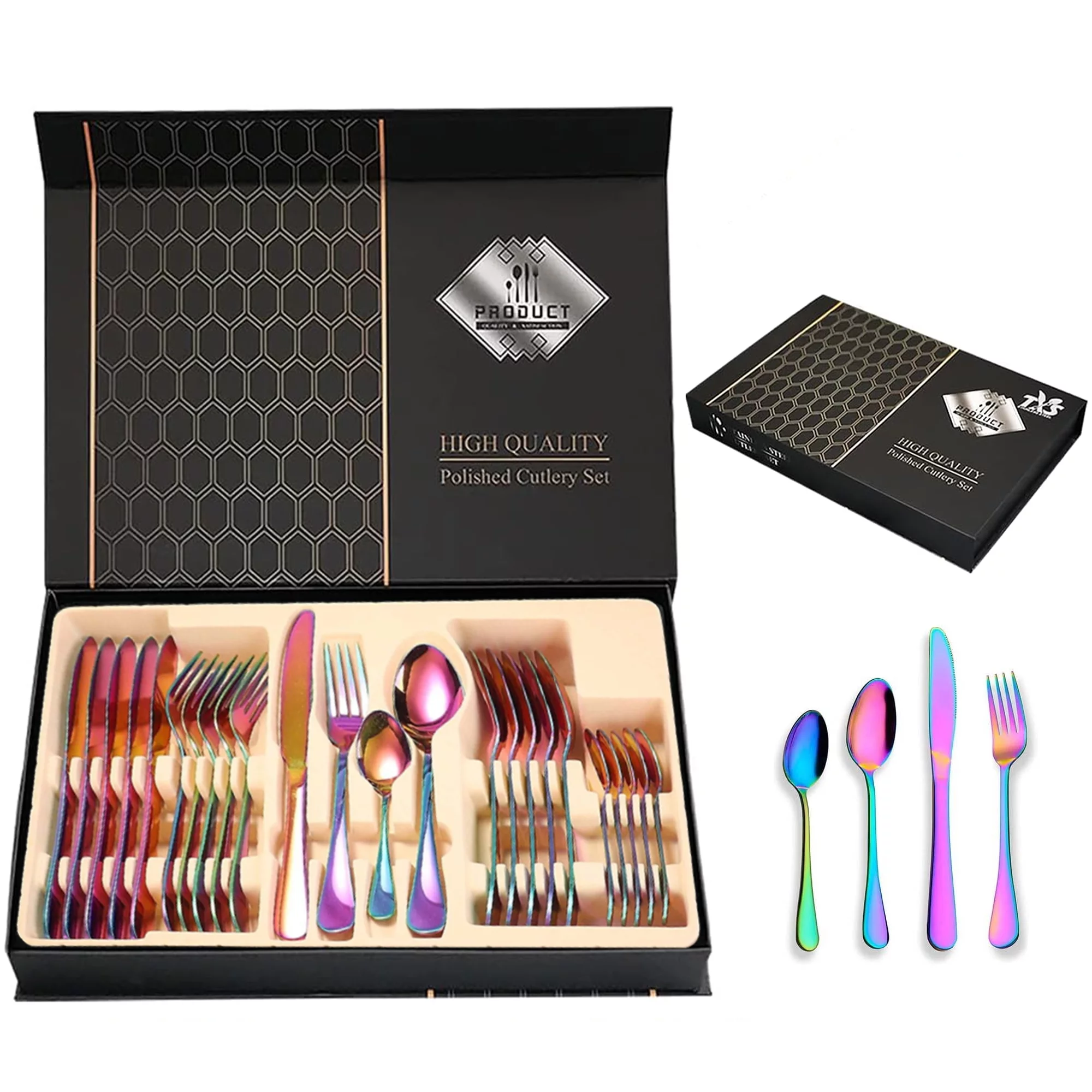 bimiti Colorful Silverware Set, 24 Piece Rainbow Stainless Steel Flatware Set, Mirror Finish Cutlery Set with Gift Box