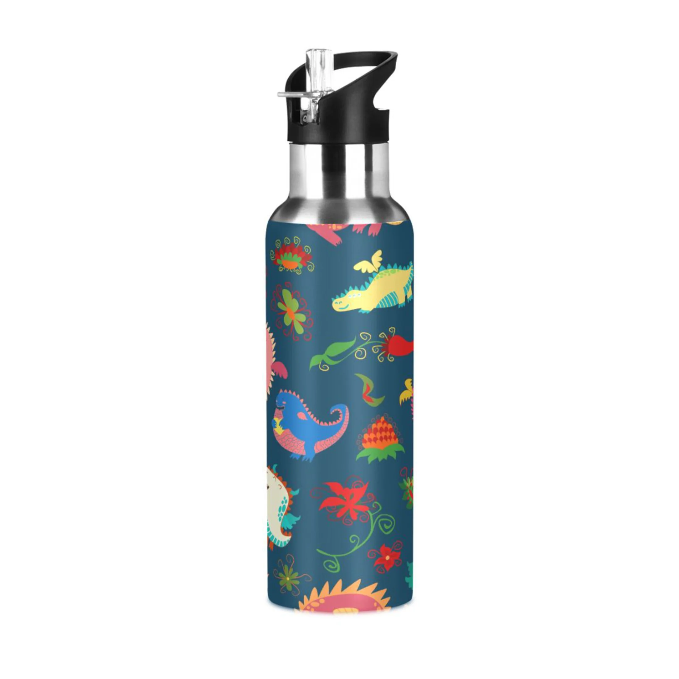 Water Bottle with Straw Lid Leak Cartoon Cute Dinosaur and Flower Stainless Steel Insulated Thermos Vacuum Flask for Cold Hot Drinking for Sports Camping Gym Yoga