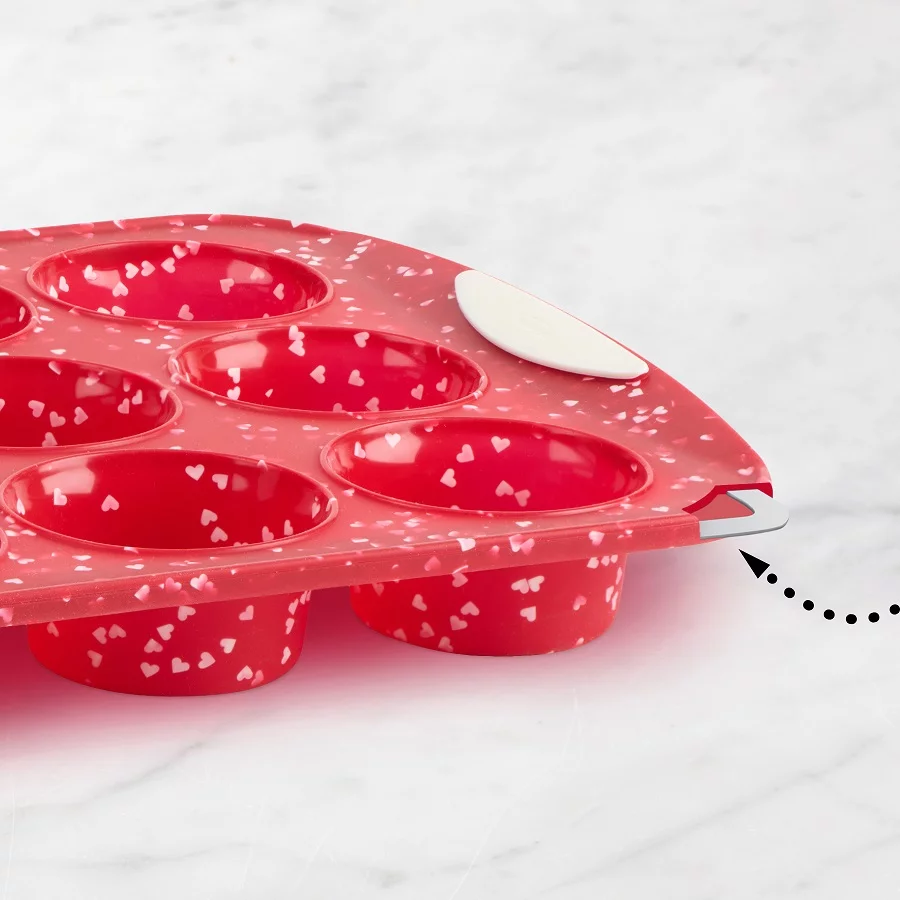 Trudeau Silicone Muffin Pan, Patented Structure Silicone, Red Heart Confetti, 12 Count