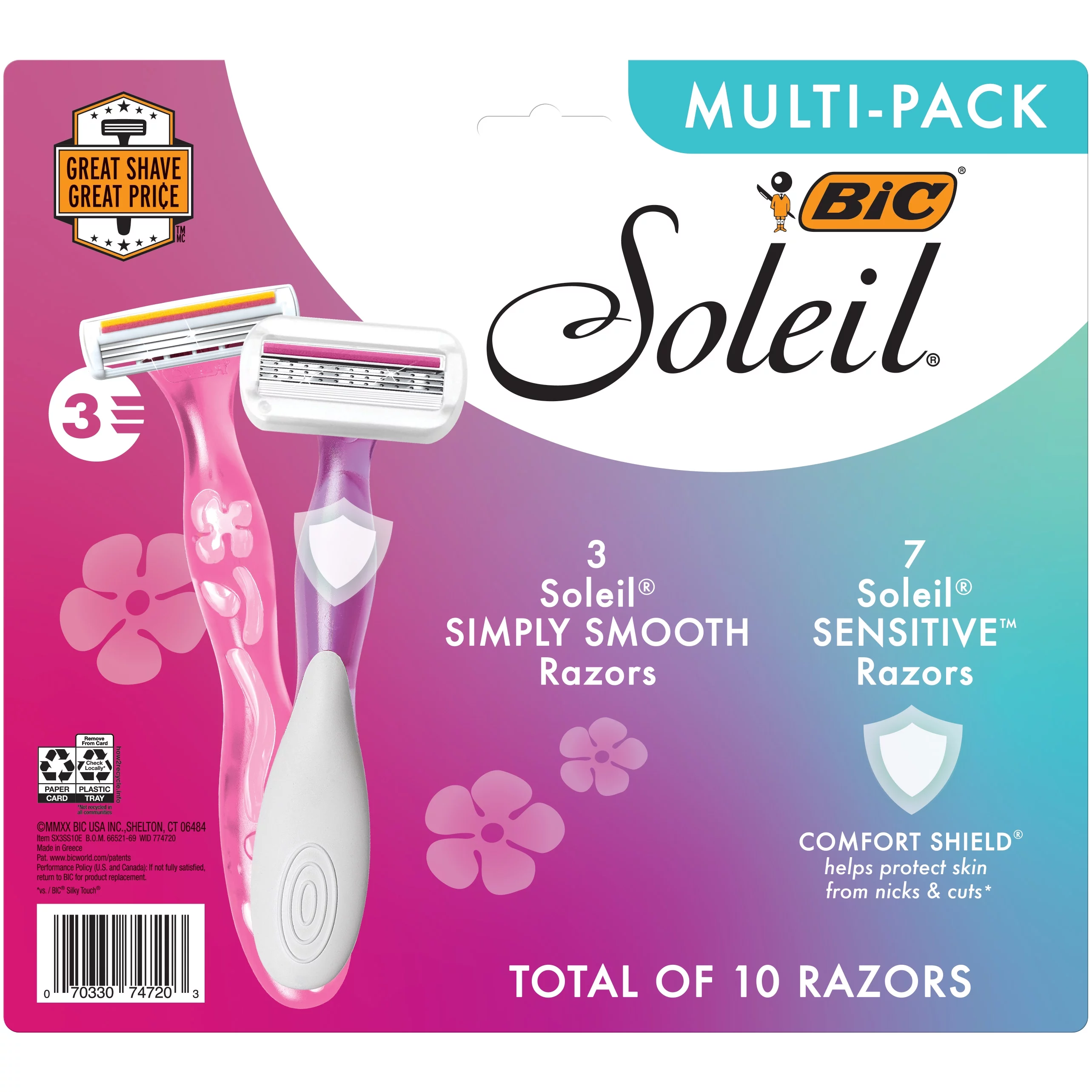 BIC Soleil Disposable Women's Razors, 10-Count Multi-Pack, 3 Soleil Simply Smooth Razors, 7 Soleil Sensitive Razors, 3 Blades for a Smooth Shave