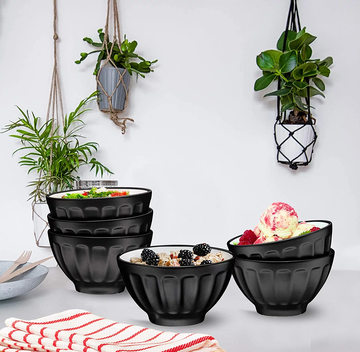 Bruntmor - Ceramic Groove Bowls - Cereal 14oz. Set of 6, Matte Black