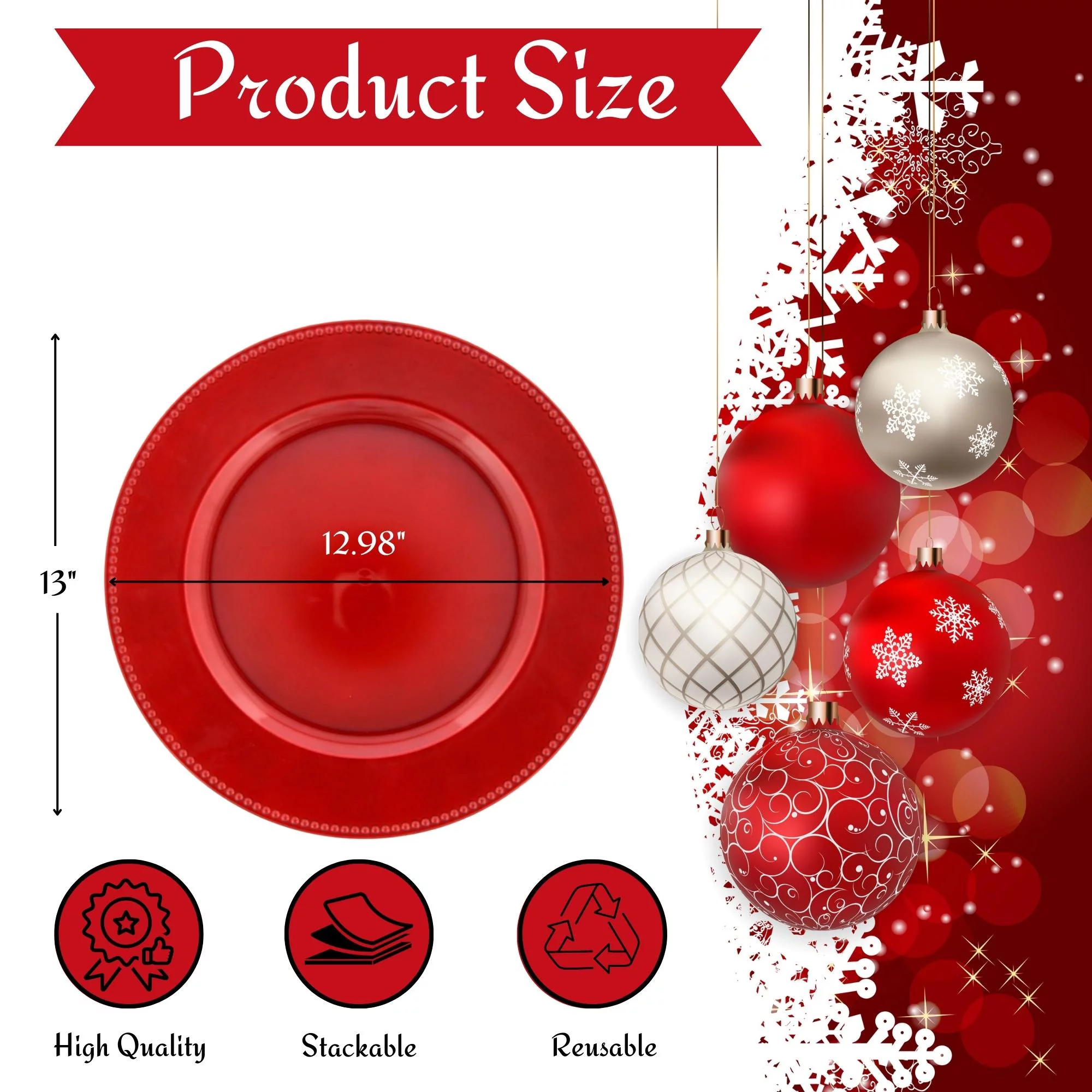 Red Plastic Charger with Beaded Rims 13 inches Decorative Service Plate for Home Kitchen Dinner Parties Weddings Banquets Christmas New year Holiday Party Table Decoration Set of 4