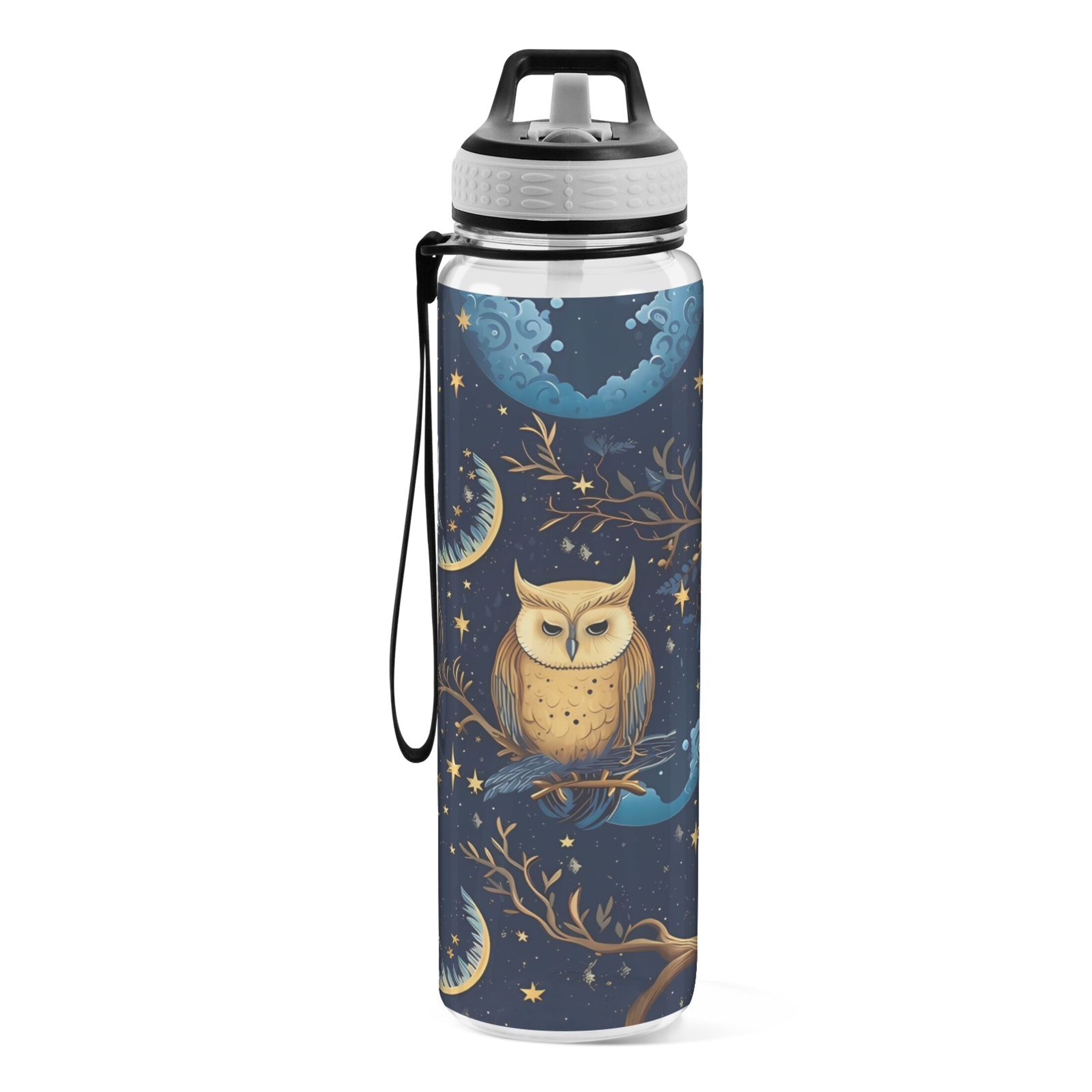 Retro Owls on Trees 32oz Water Bottles with Straw Tritan Leakproof Sports Bottle BPA Free Clear for Fitness Gym Swimming Cycling