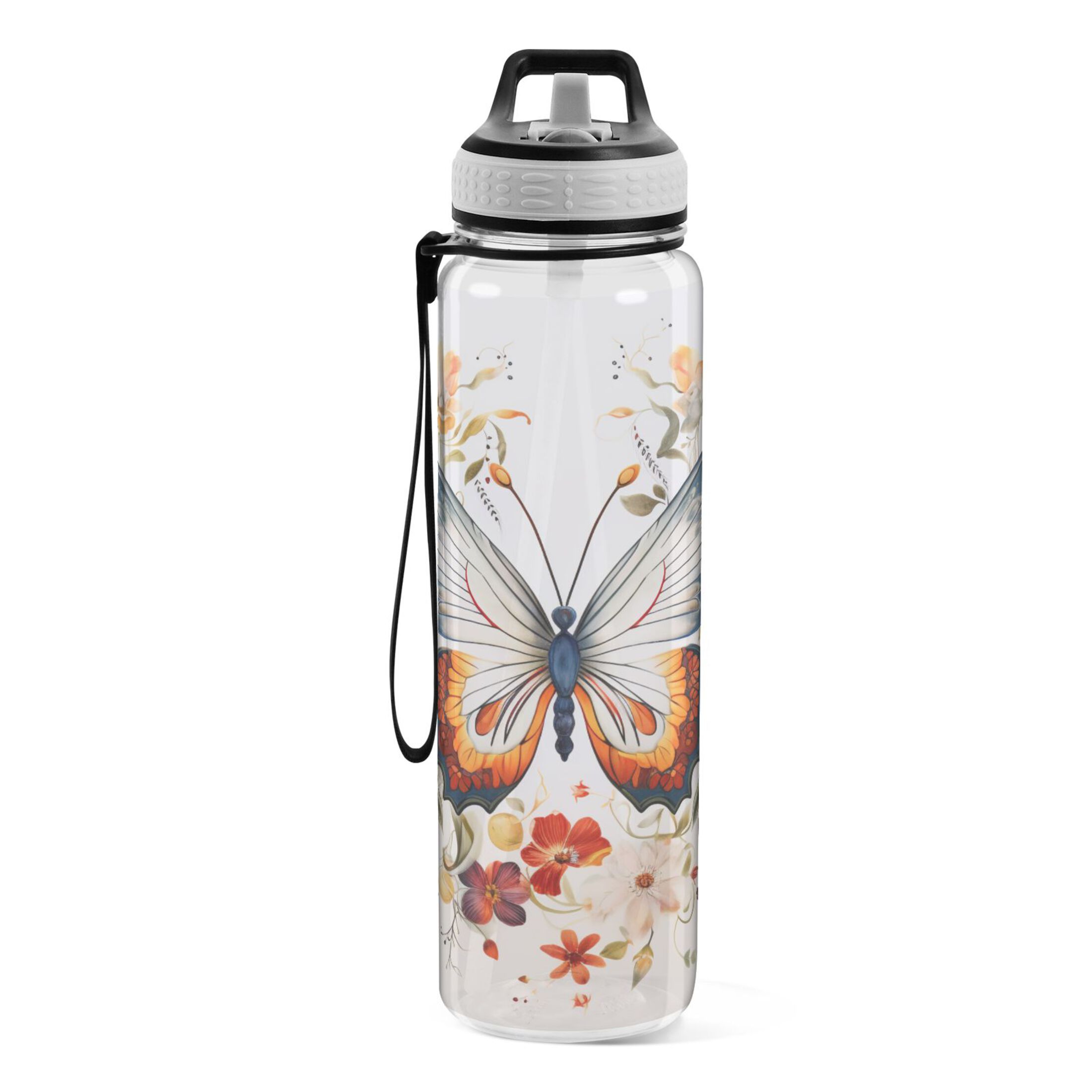 Beautiful Floral on A Butterfly 32oz Sports Water Bottles Leakproof Tritan Bottle with Straw BPA Free Clear Bottle for Fitness Gym Outdoor Cycling